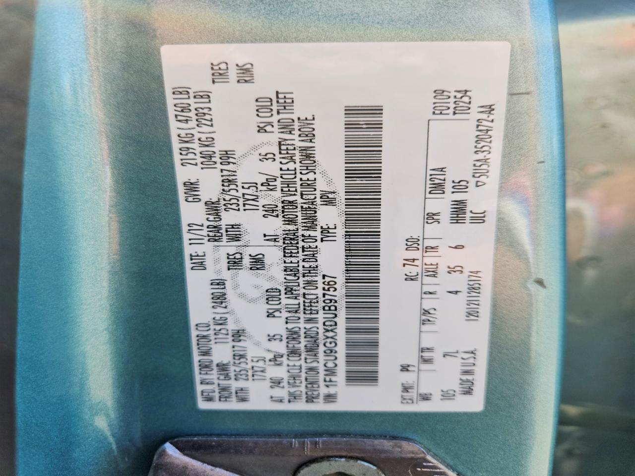 2013 Ford Escape Se Turquoise vin: 1FMCU9GXXDUB97567