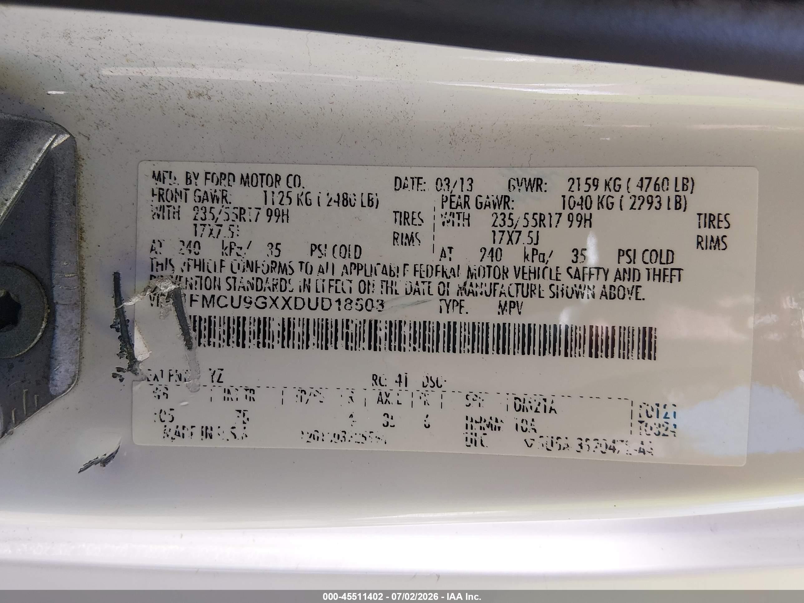 2013 Ford Escape Se White vin: 1FMCU9GXXDUD18503