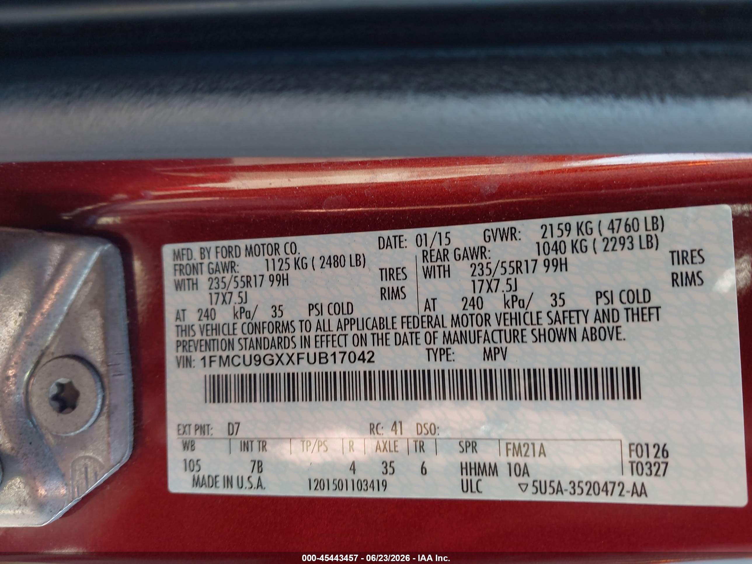 2015 Ford Escape Se Red vin: 1FMCU9GXXFUB17042