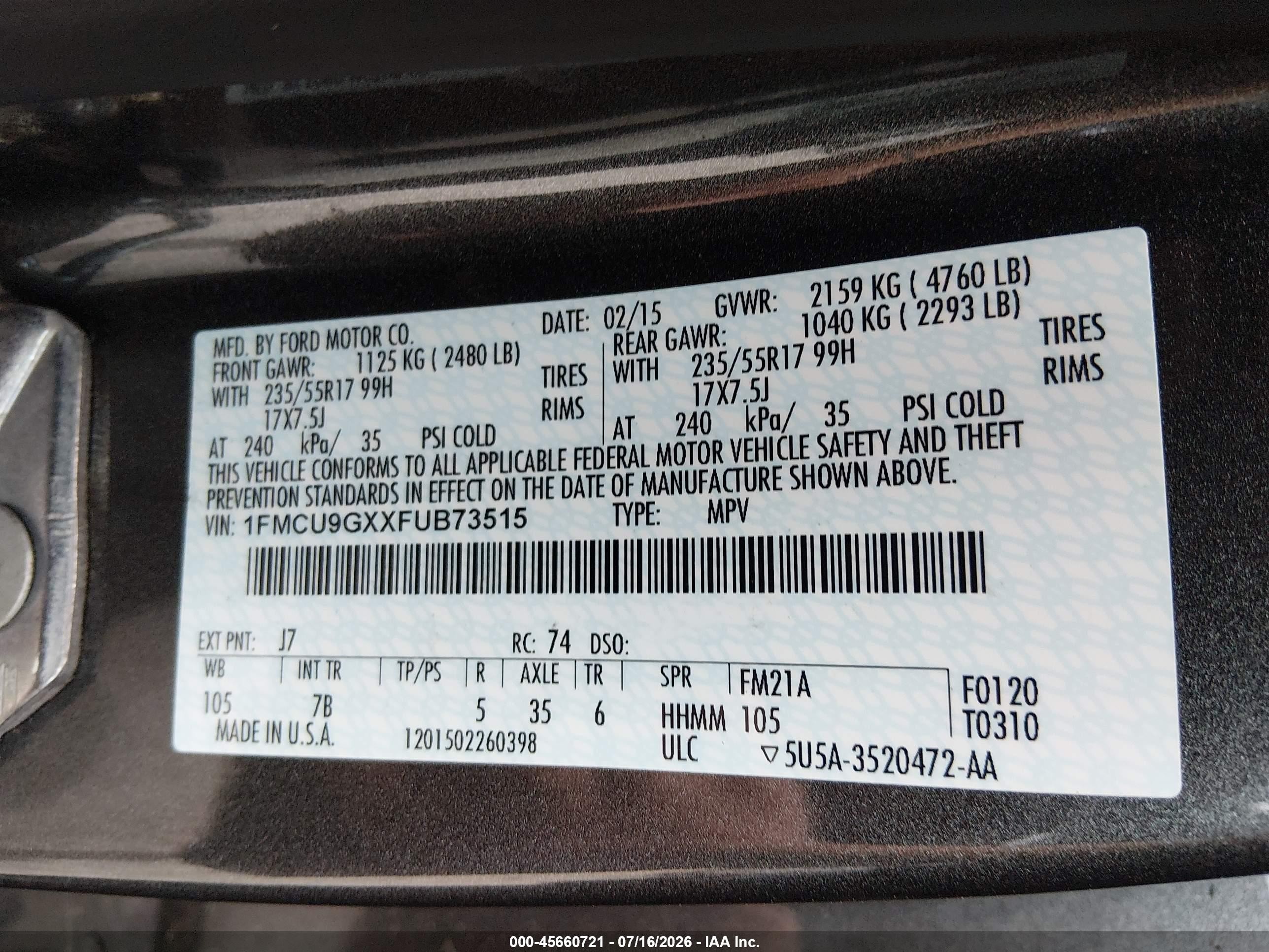 2015 Ford Escape Se Gray vin: 1FMCU9GXXFUB73515