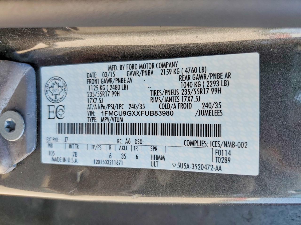 2015 Ford Escape Se Gray vin: 1FMCU9GXXFUB83980