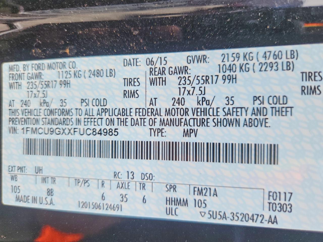 2015 Ford Escape Se Угольный vin: 1FMCU9GXXFUC84985