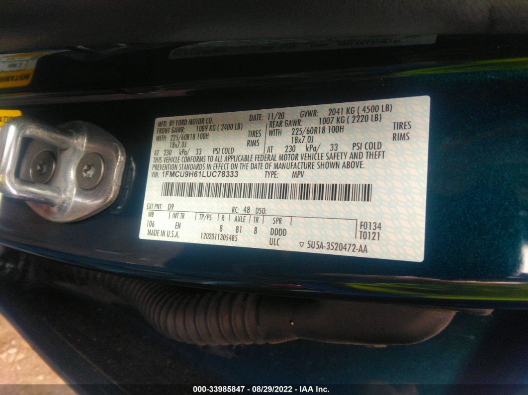 2020 Ford Escape Sel Blue vin: 1FMCU9H61LUC78333