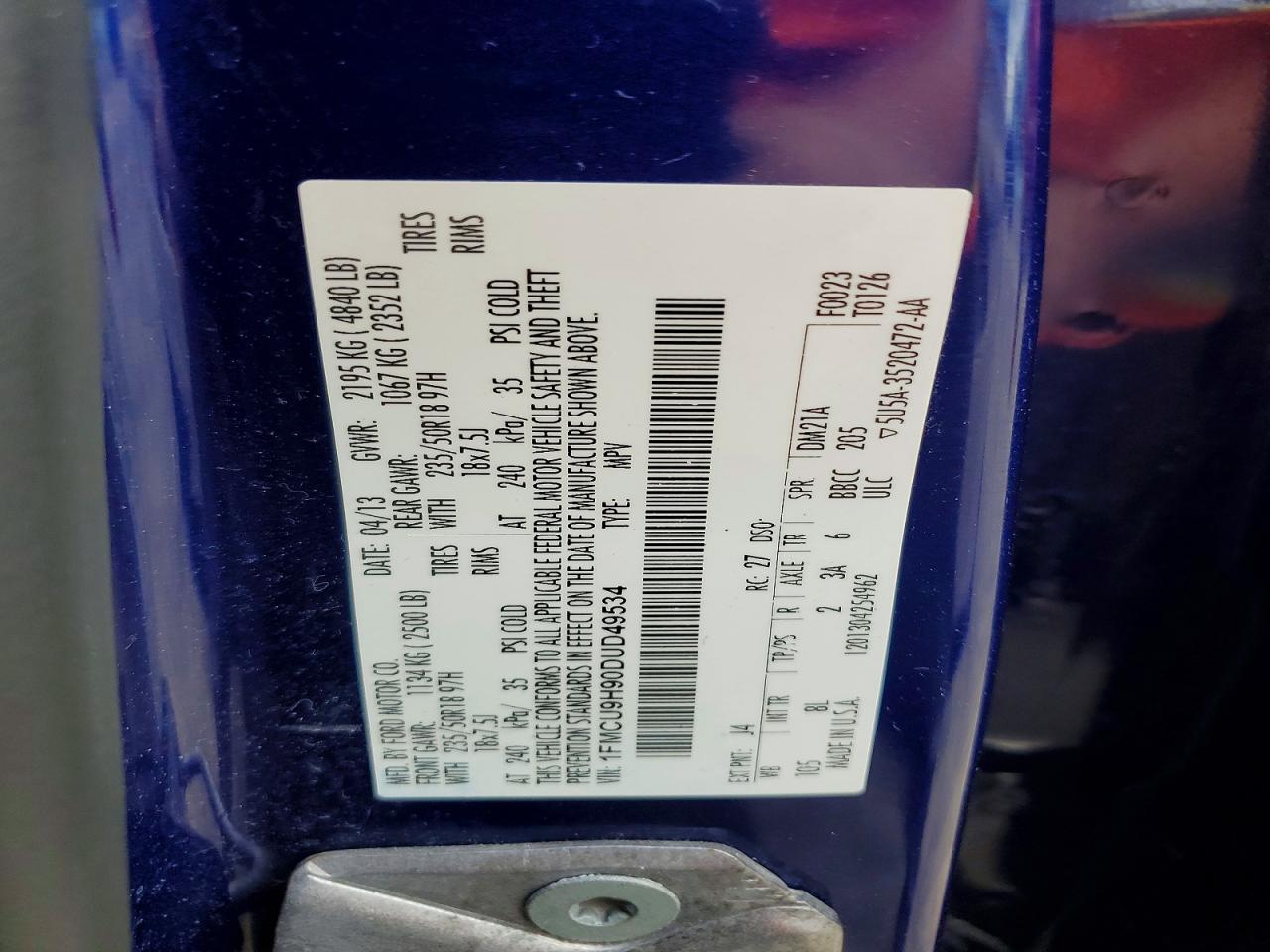 2013 Ford Escape Sel Blue vin: 1FMCU9H90DUD49534