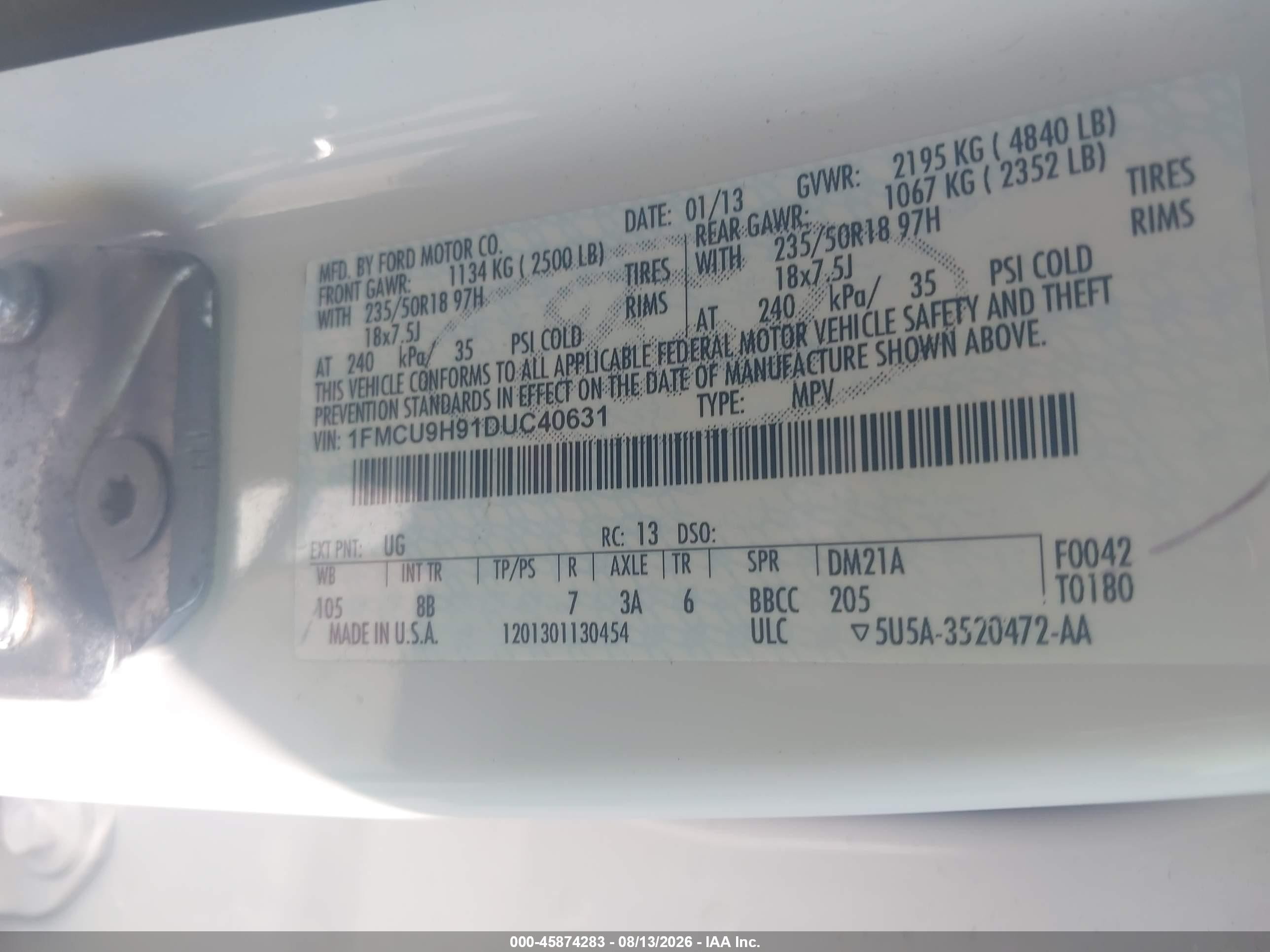 2013 Ford Escape Sel White vin: 1FMCU9H91DUC40631