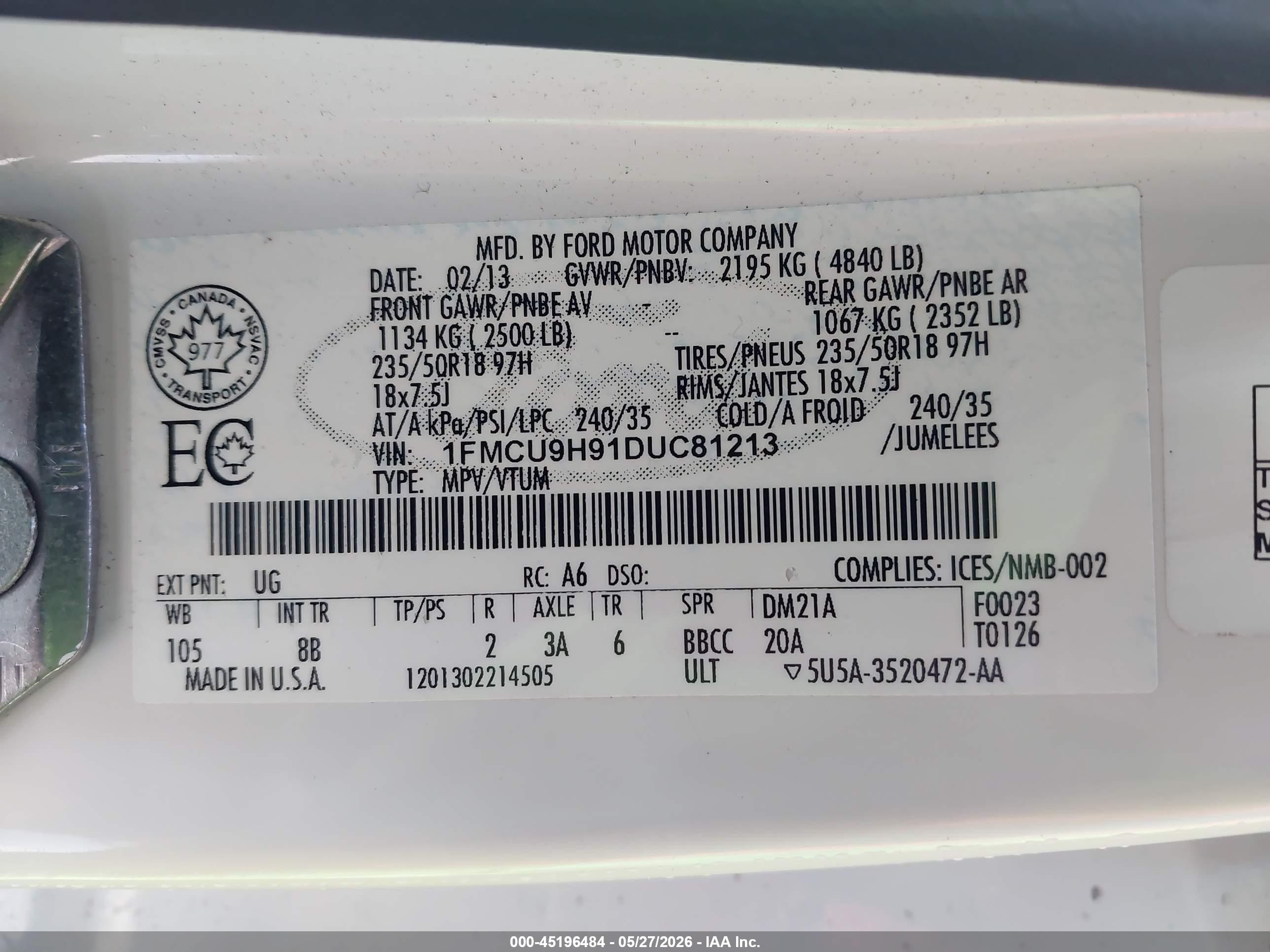 2013 Ford Escape Sel White vin: 1FMCU9H91DUC81213
