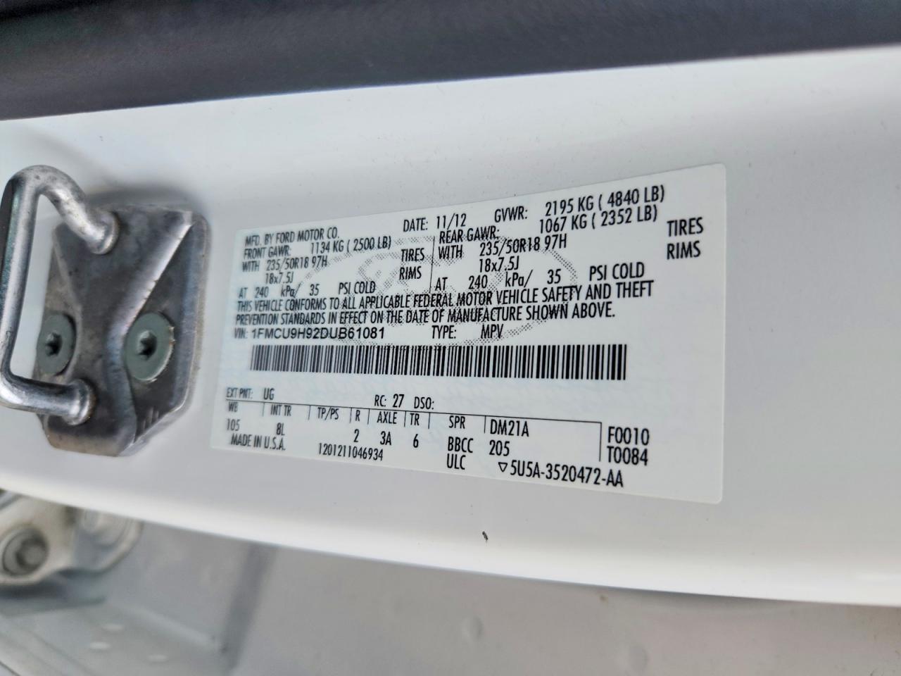 2013 Ford Escape Sel White vin: 1FMCU9H92DUB61081