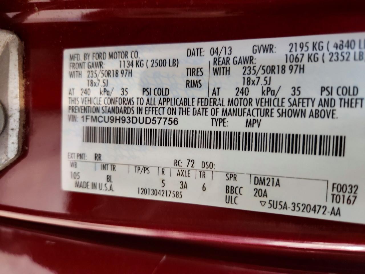 2013 Ford Escape Sel Red vin: 1FMCU9H93DUD57756