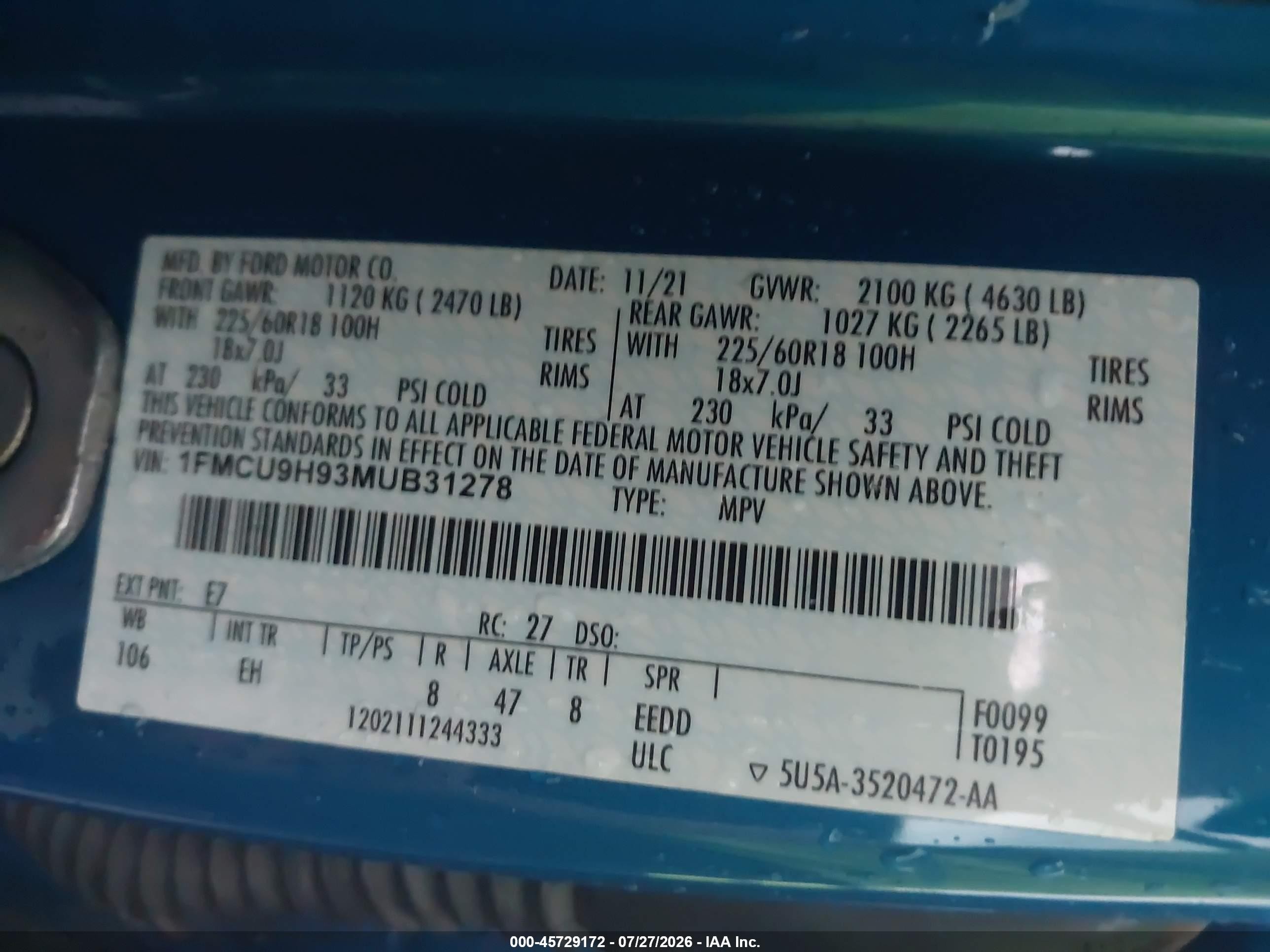 2021 Ford Escape Sel Blue vin: 1FMCU9H93MUB31278