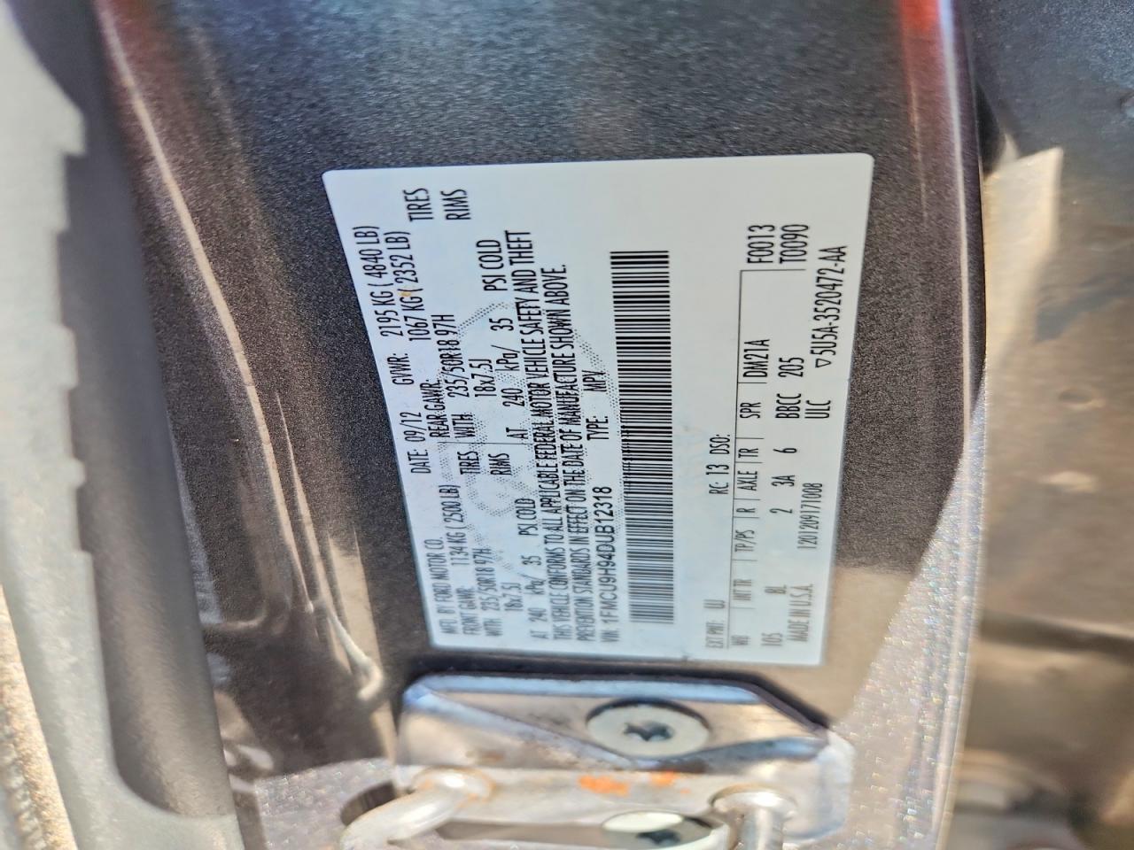 2013 Ford Escape Sel Charcoal vin: 1FMCU9H94DUB12318