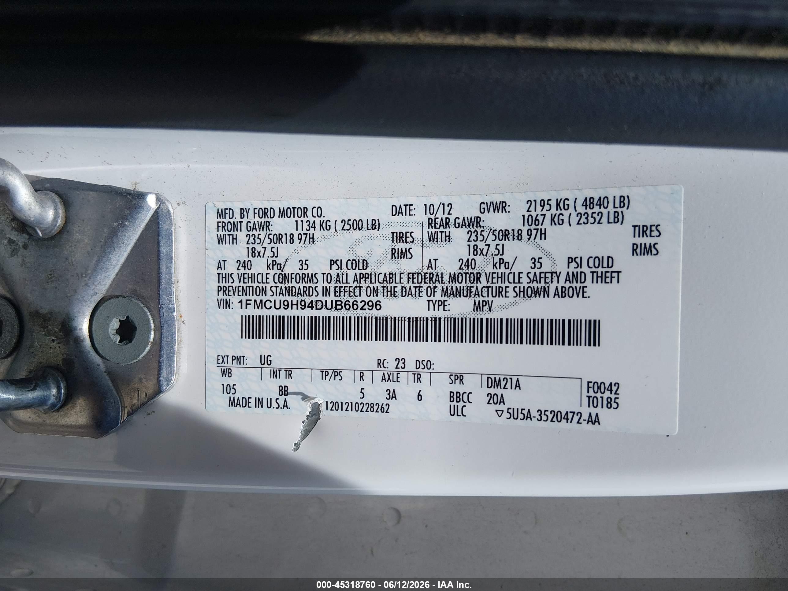 2013 Ford Escape Sel White vin: 1FMCU9H94DUB66296