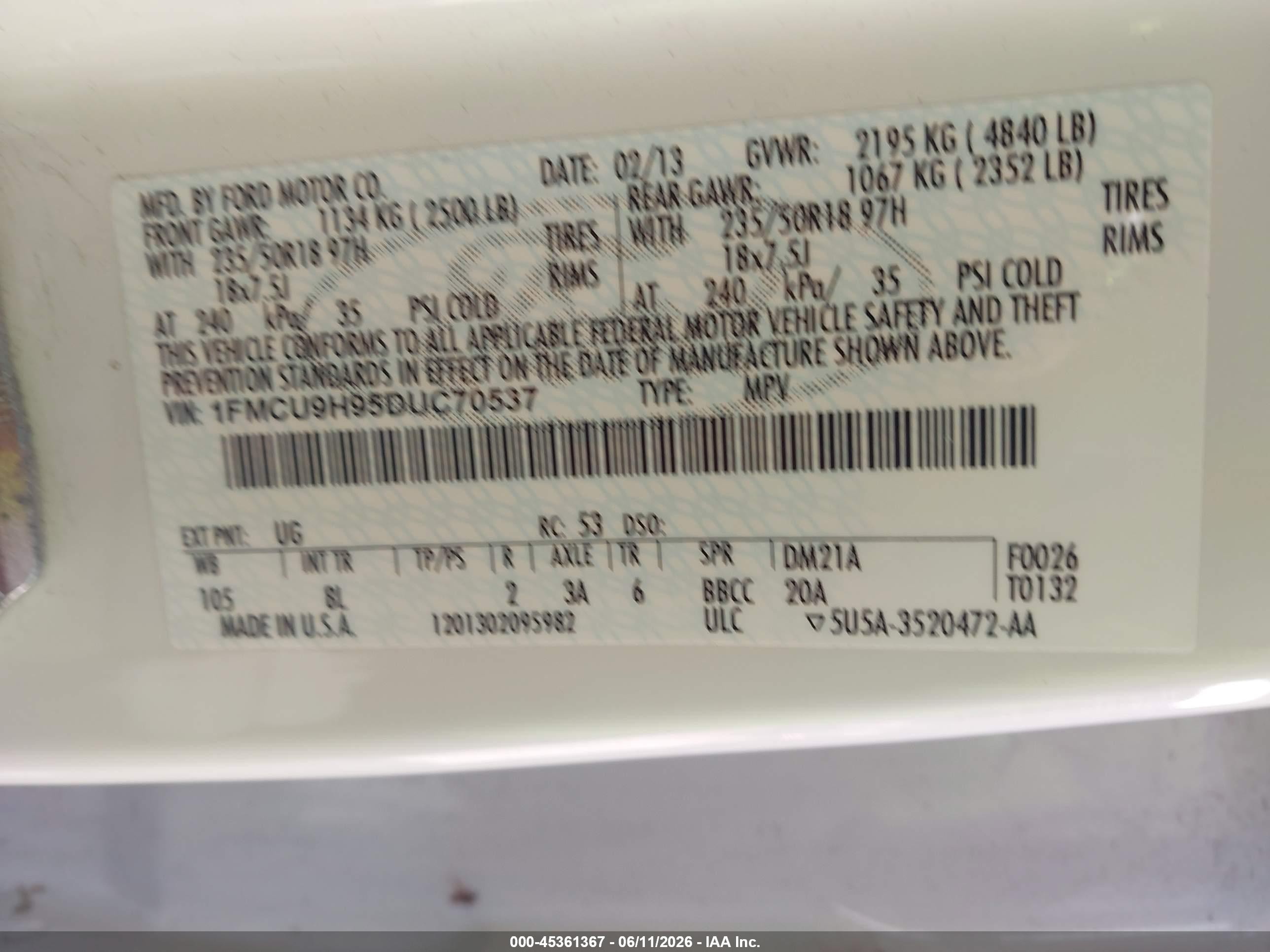 2013 Ford Escape Sel White vin: 1FMCU9H95DUC70537