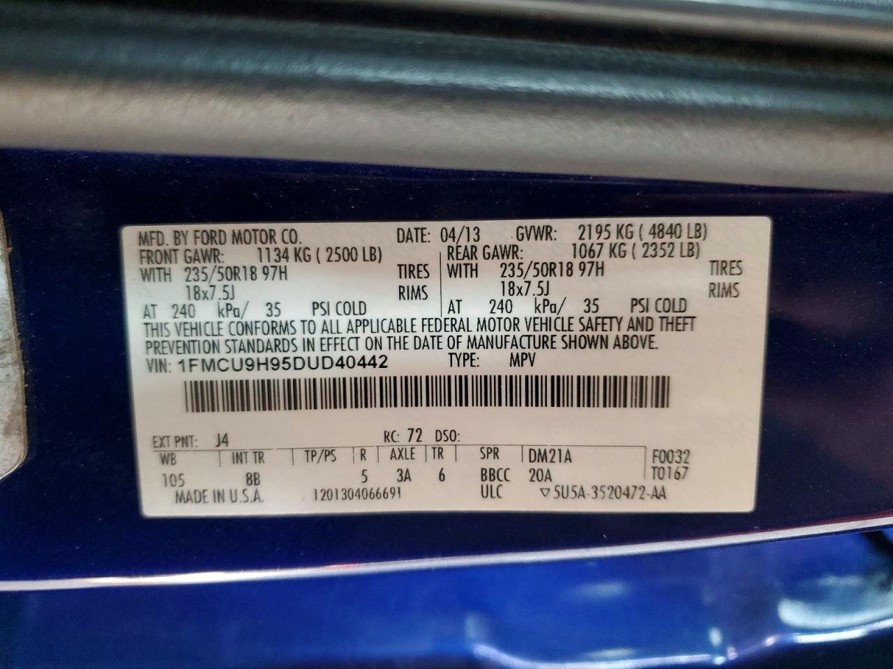 2013 Ford Escape Sel Blue vin: 1FMCU9H95DUD40442