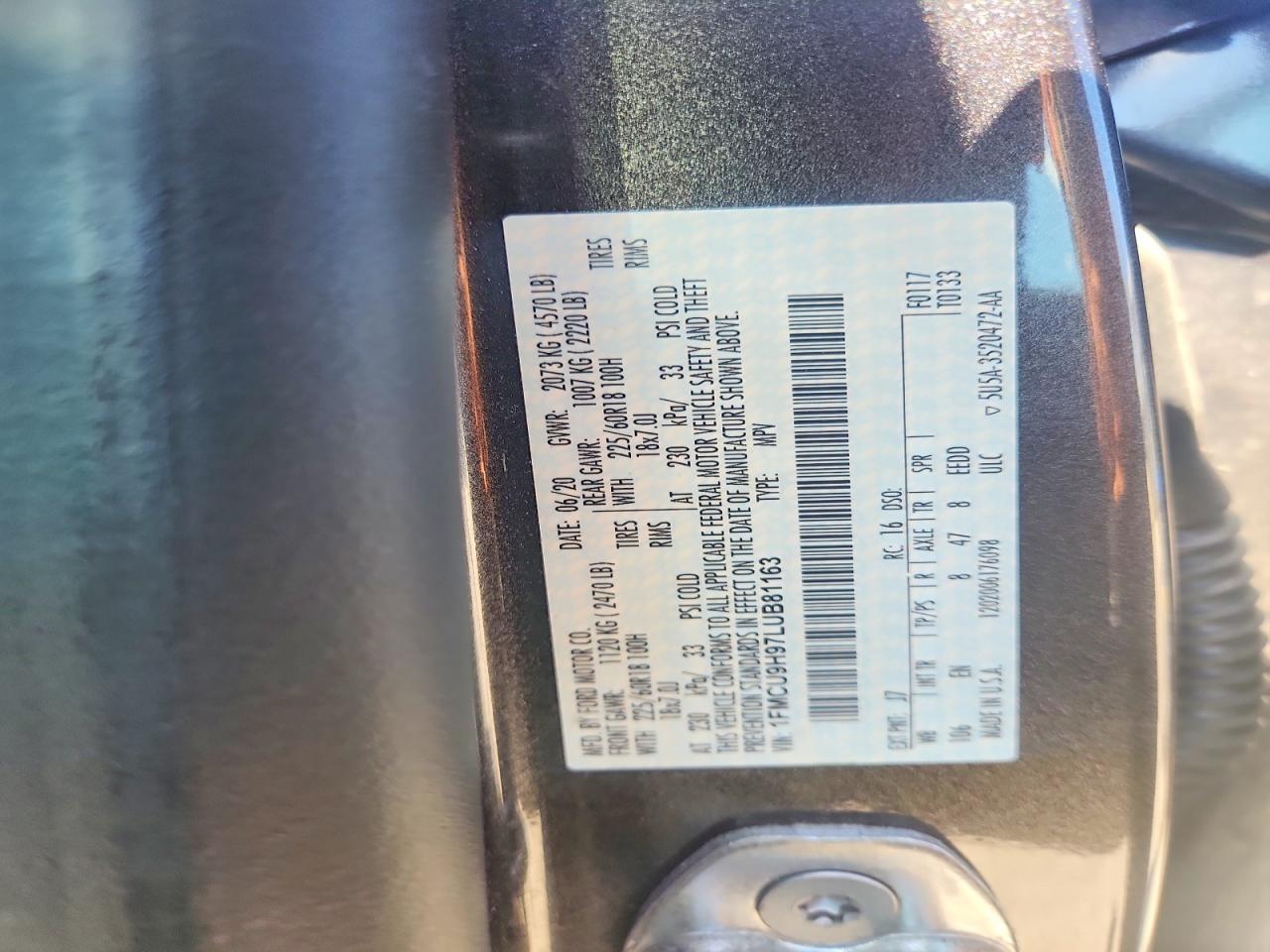 2020 Ford Escape Sel Charcoal vin: 1FMCU9H97LUB81163