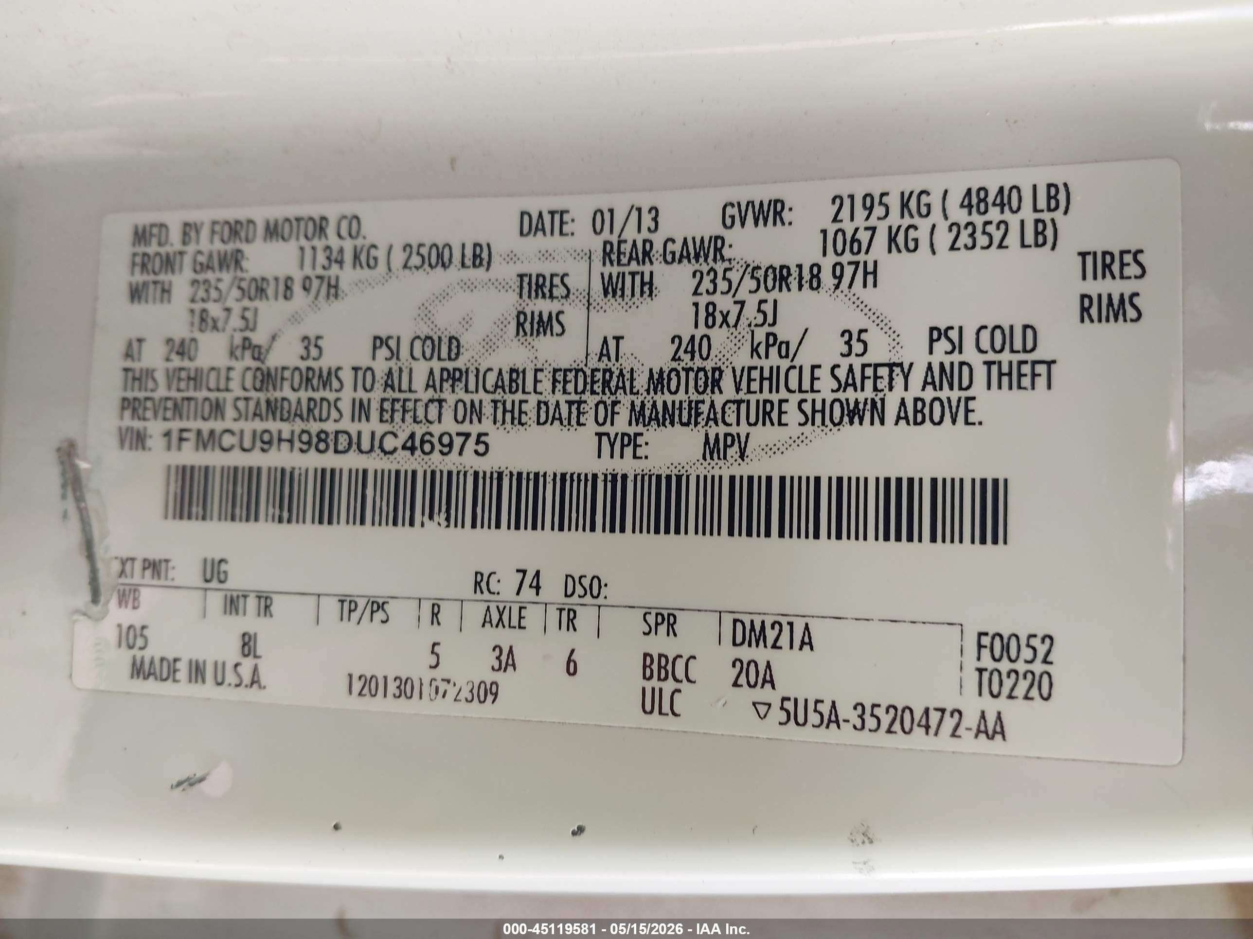 2013 Ford Escape Sel White vin: 1FMCU9H98DUC46975