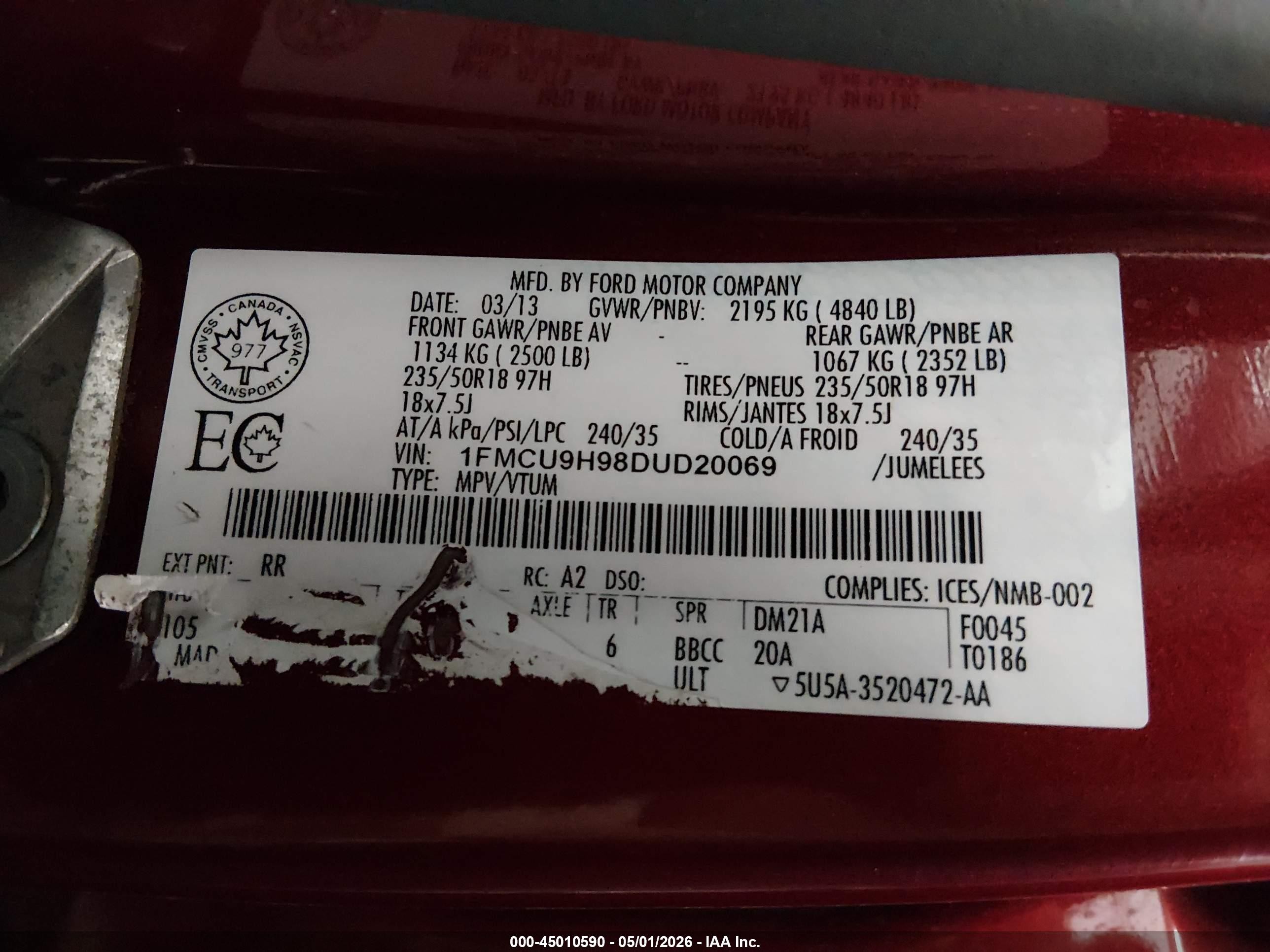 2013 Ford Escape Sel Red vin: 1FMCU9H98DUD20069