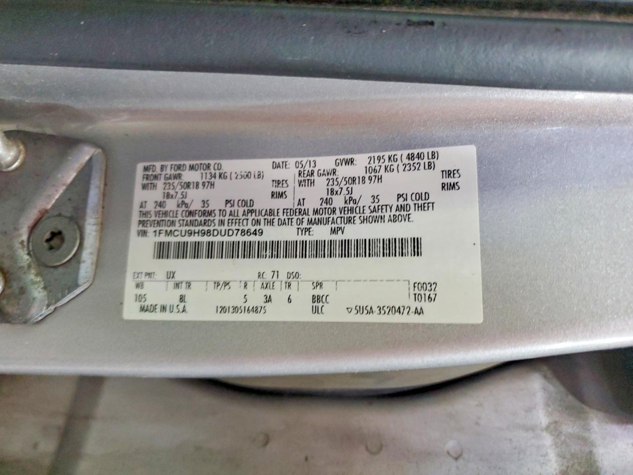 2013 Ford Escape Sel Silver vin: 1FMCU9H98DUD78649