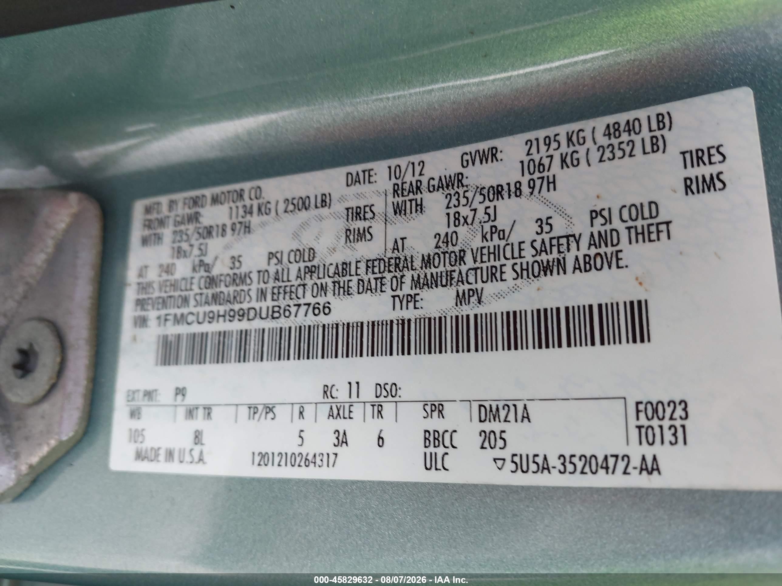 2013 Ford Escape Sel Green vin: 1FMCU9H99DUB67766