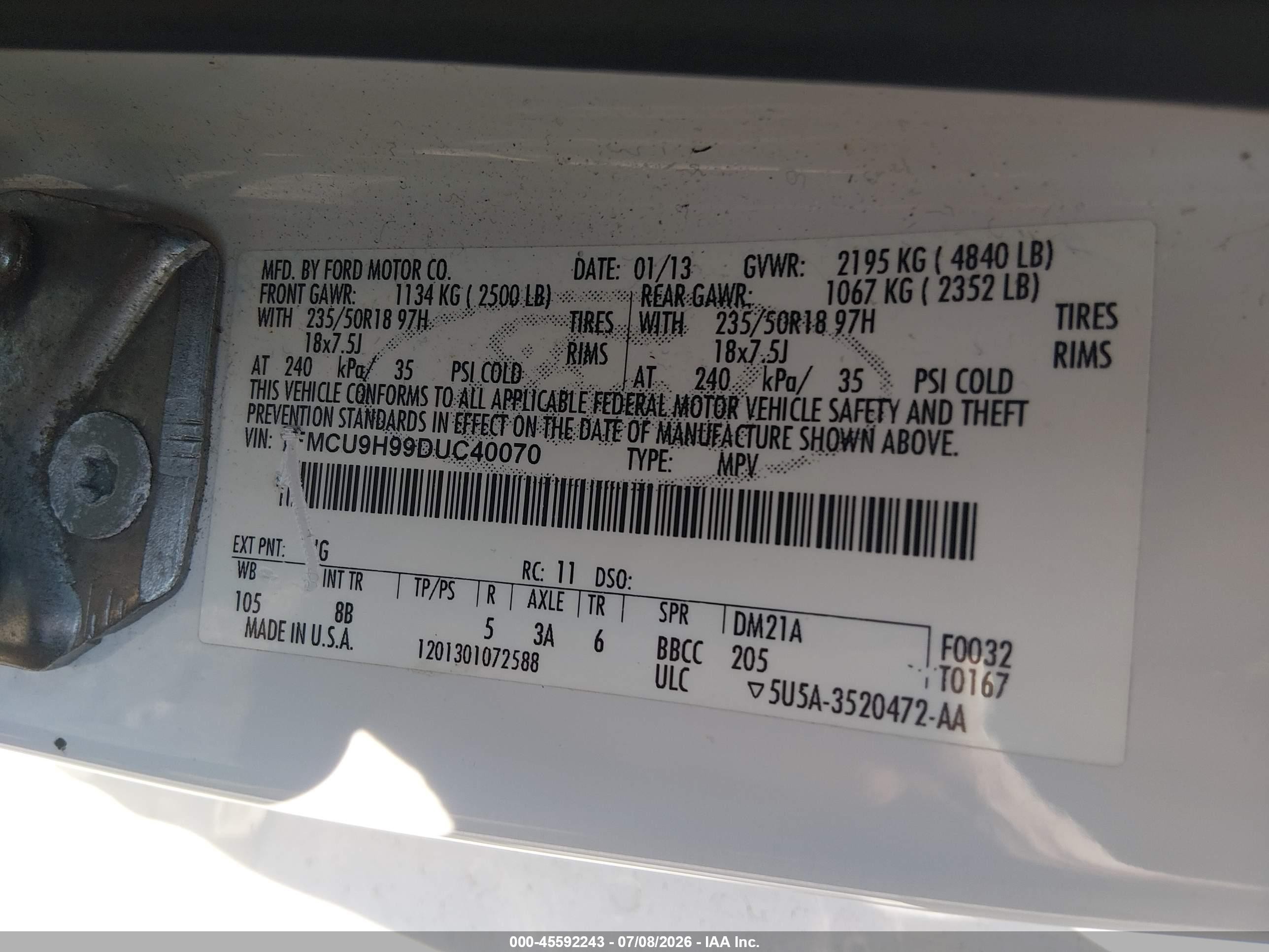 2013 Ford Escape Sel White vin: 1FMCU9H99DUC40070