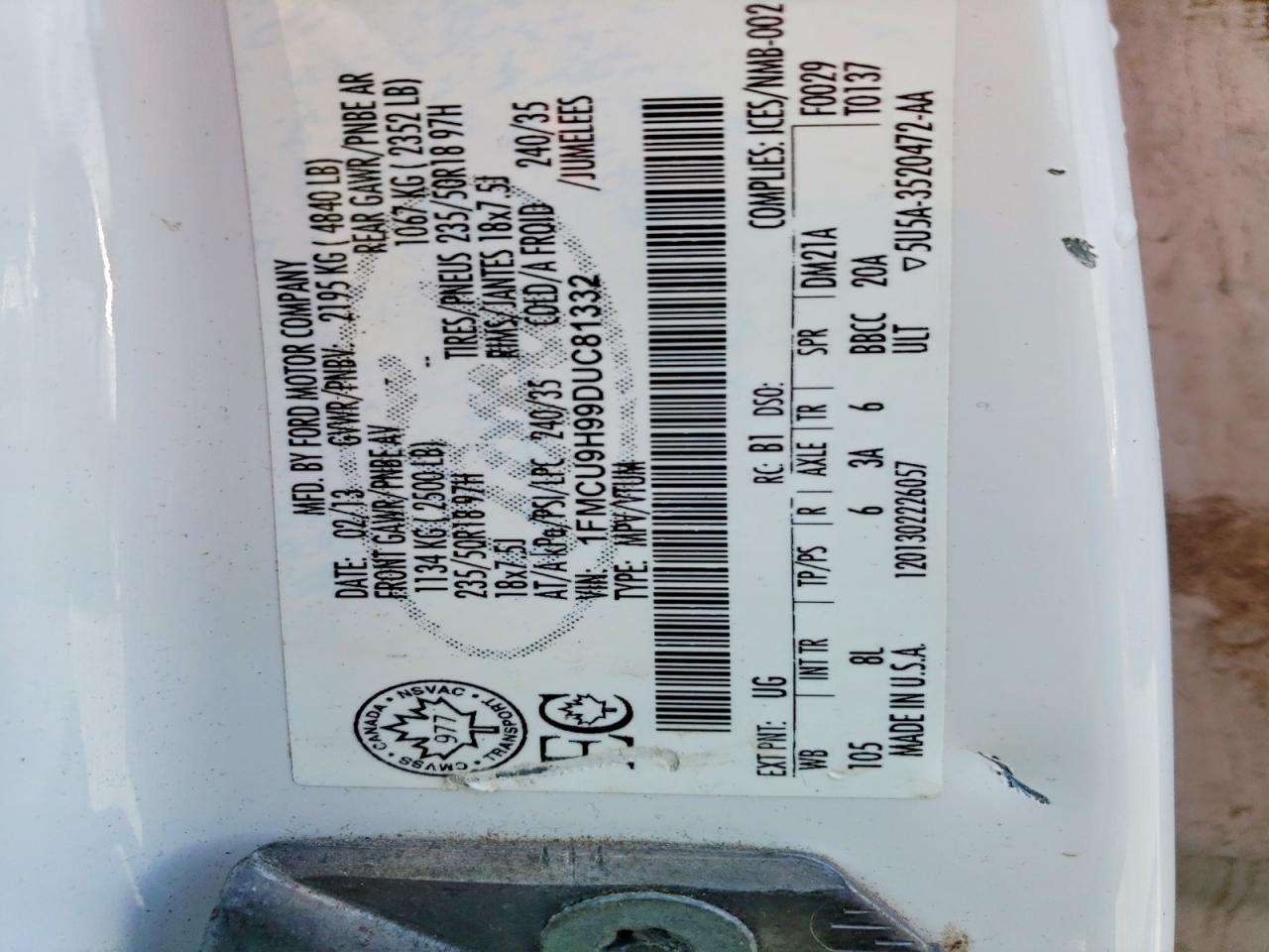 2013 Ford Escape Sel White vin: 1FMCU9H99DUC81332