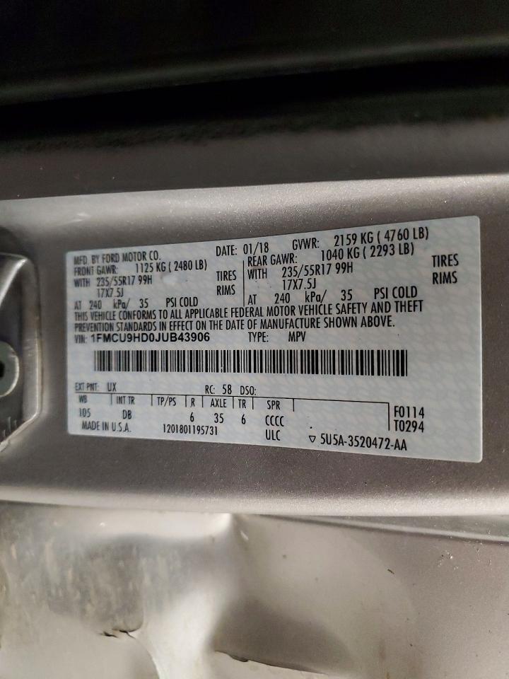 2018 Ford Escape Sel Silver vin: 1FMCU9HD0JUB43906