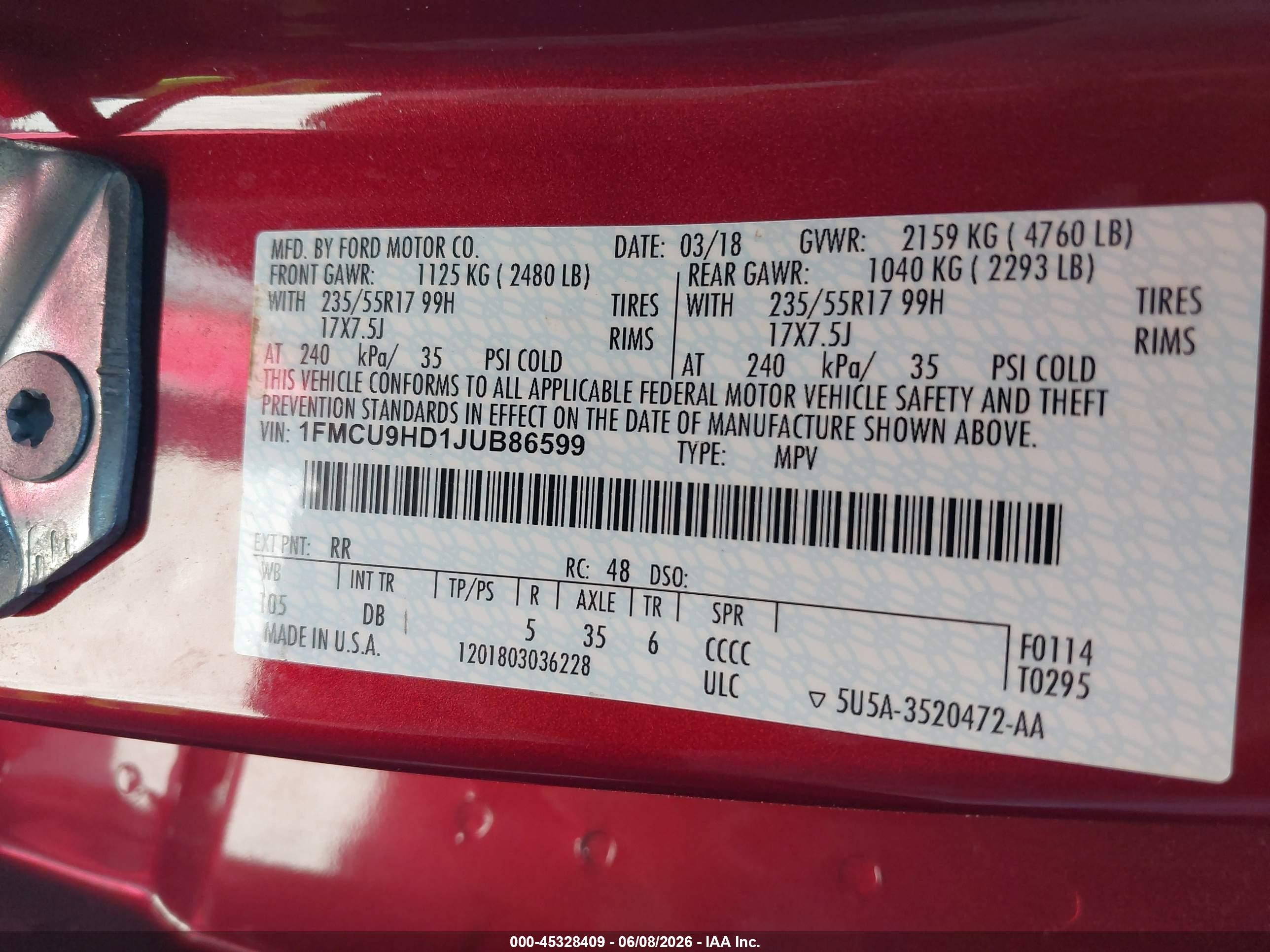 2018 Ford Escape Sel Red vin: 1FMCU9HD1JUB86599