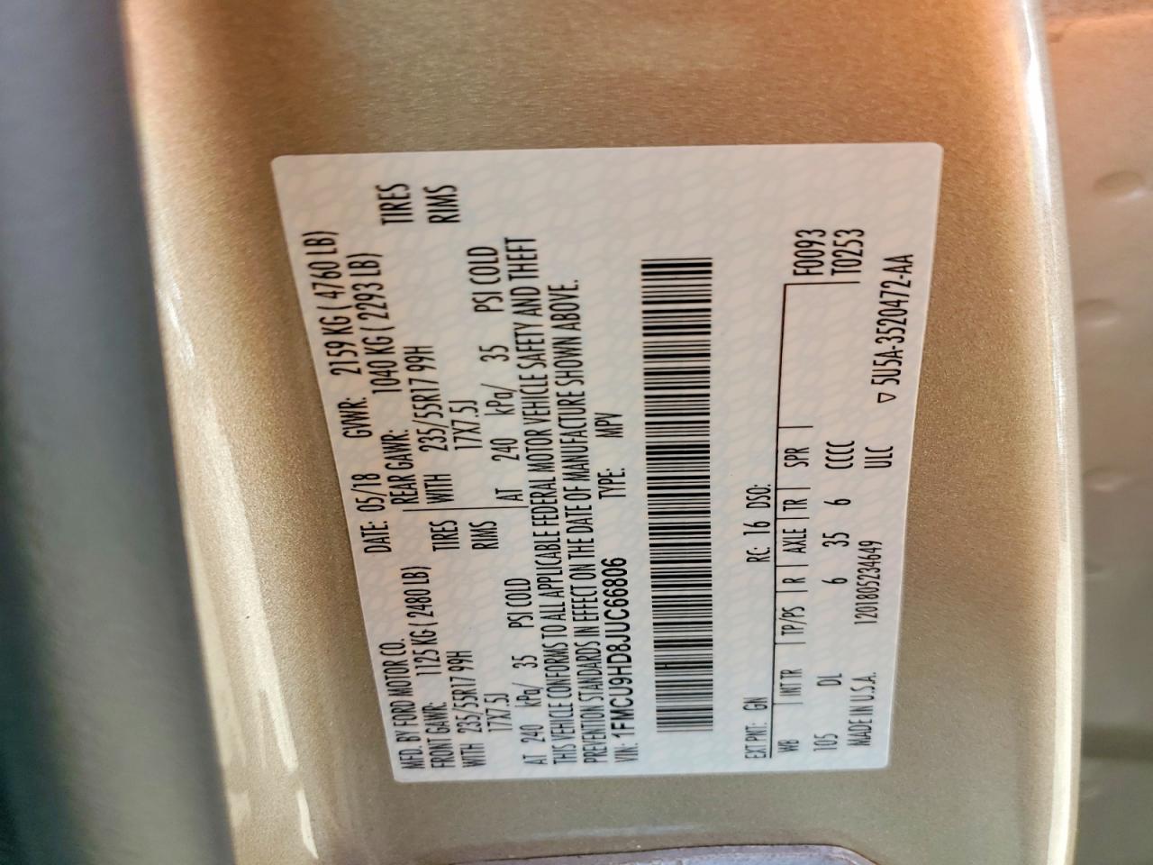 2018 Ford Escape Sel Gold vin: 1FMCU9HD8JUC66806