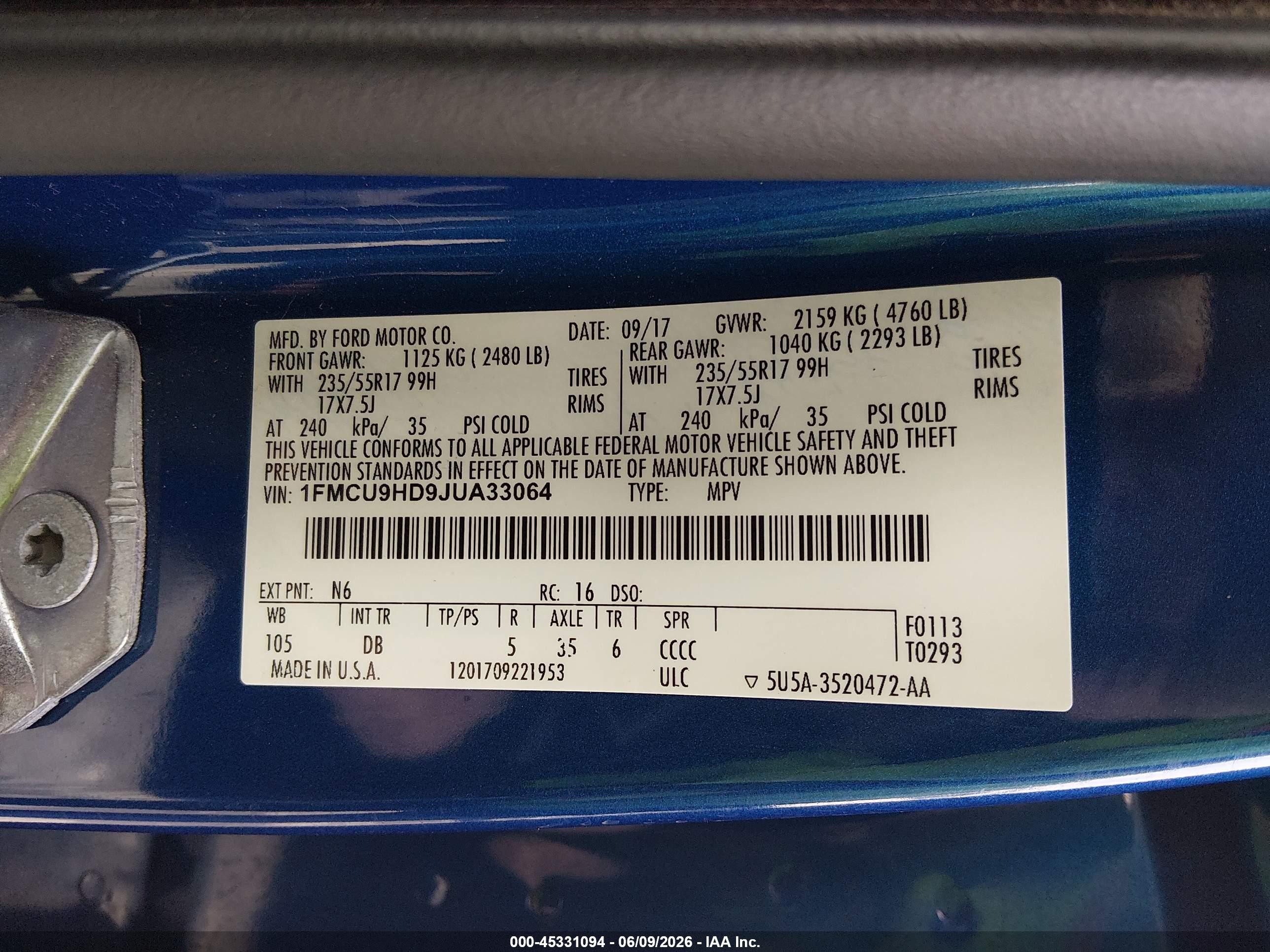 2018 Ford Escape Sel Blue vin: 1FMCU9HD9JUA33064