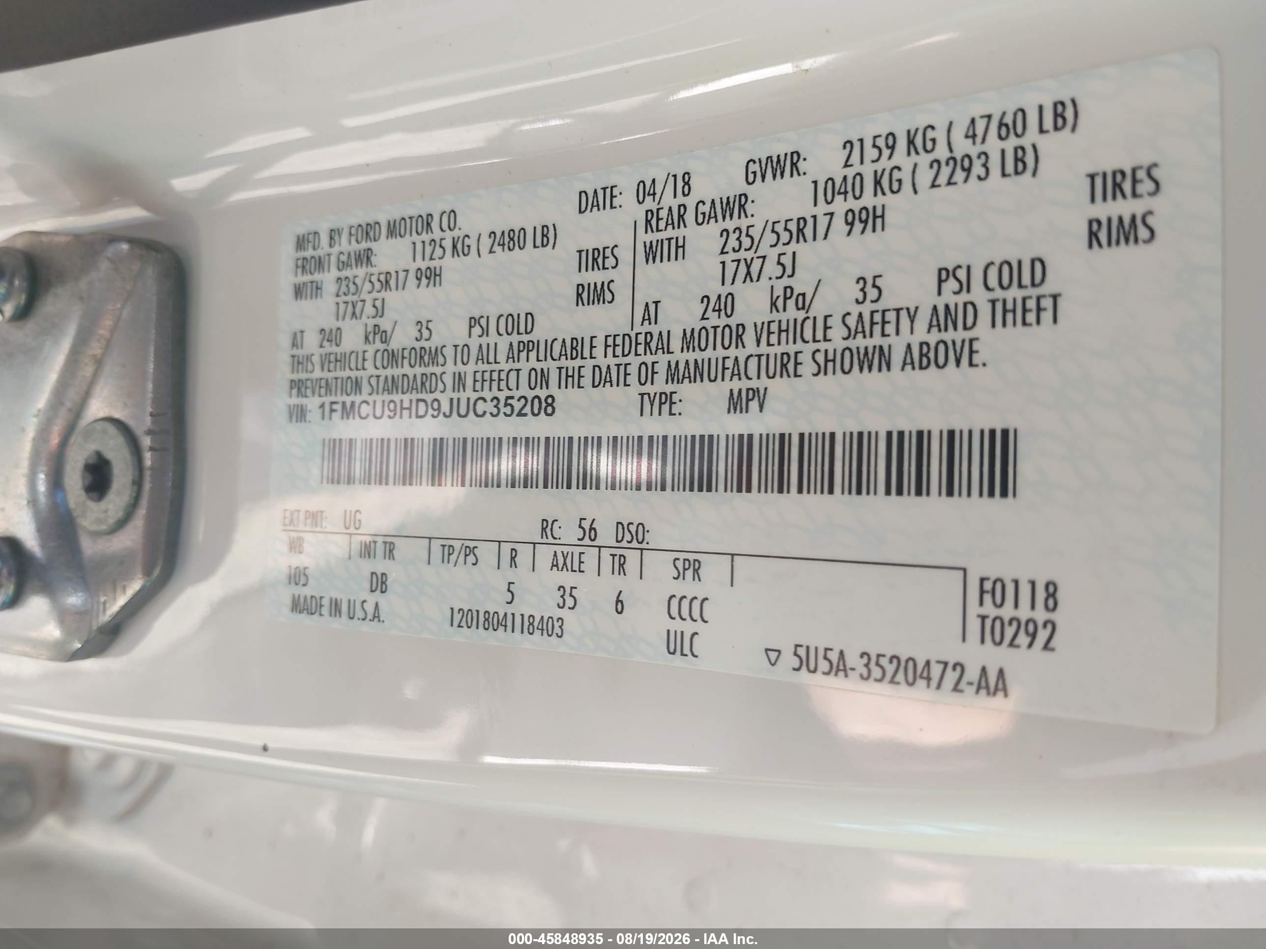 2018 Ford Escape Sel White vin: 1FMCU9HD9JUC35208