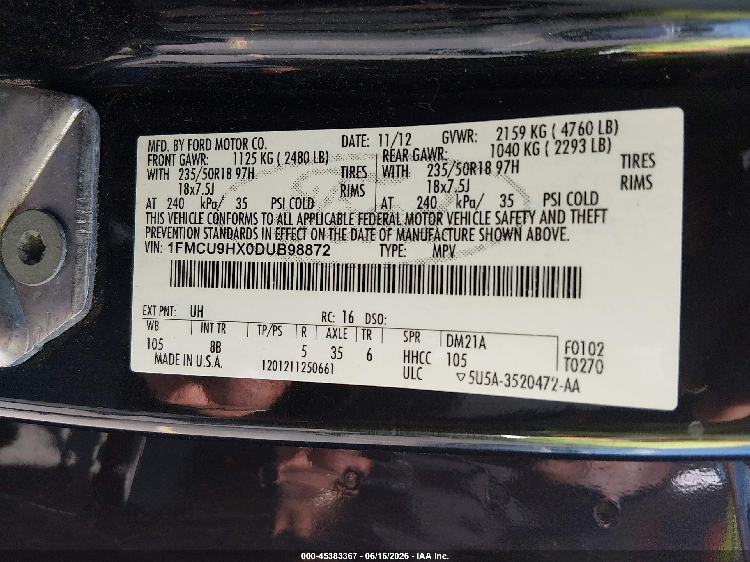 2013 Ford Escape Sel Black vin: 1FMCU9HX0DUB98872