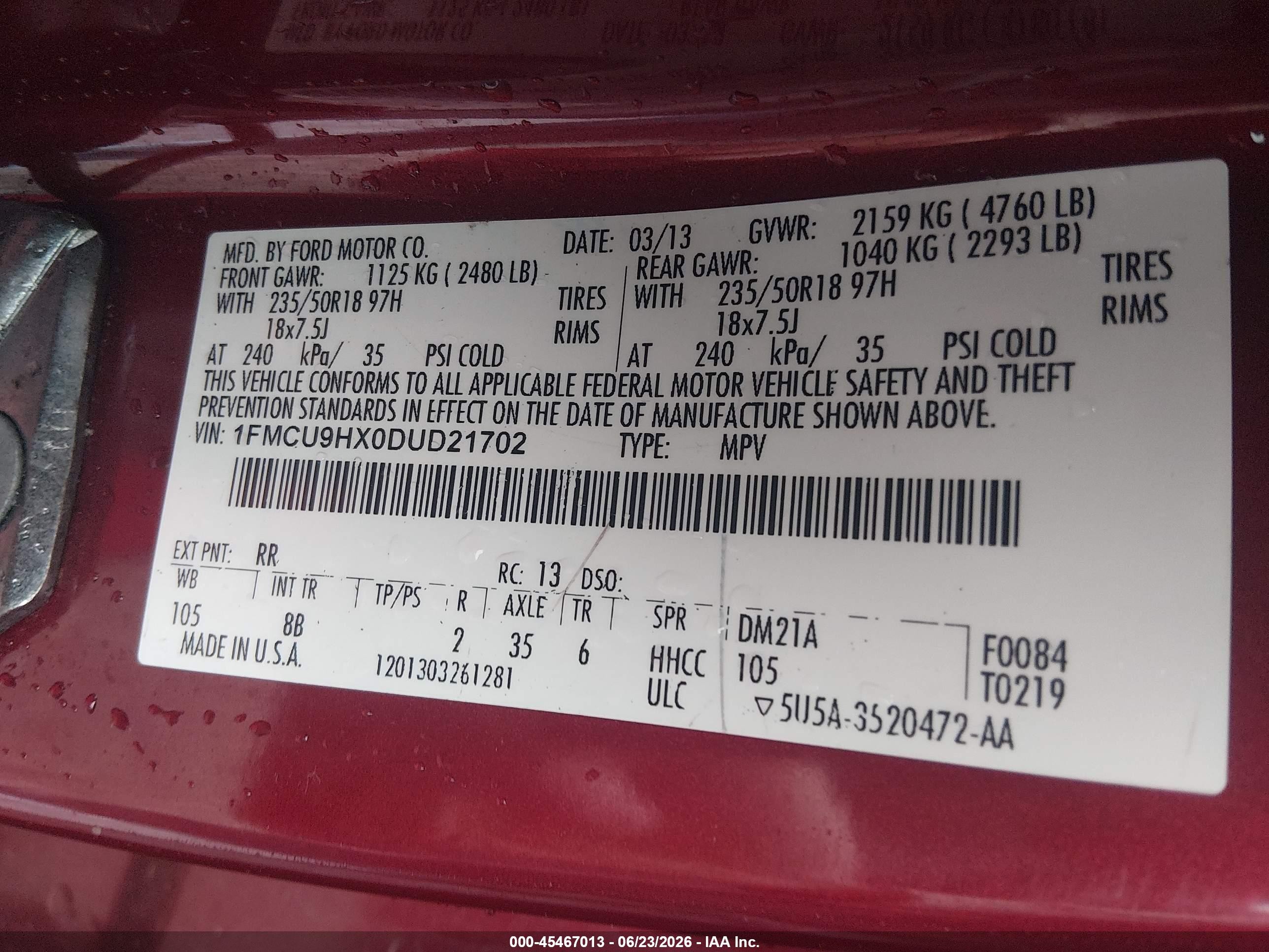 2013 Ford Escape Sel Red vin: 1FMCU9HX0DUD21702
