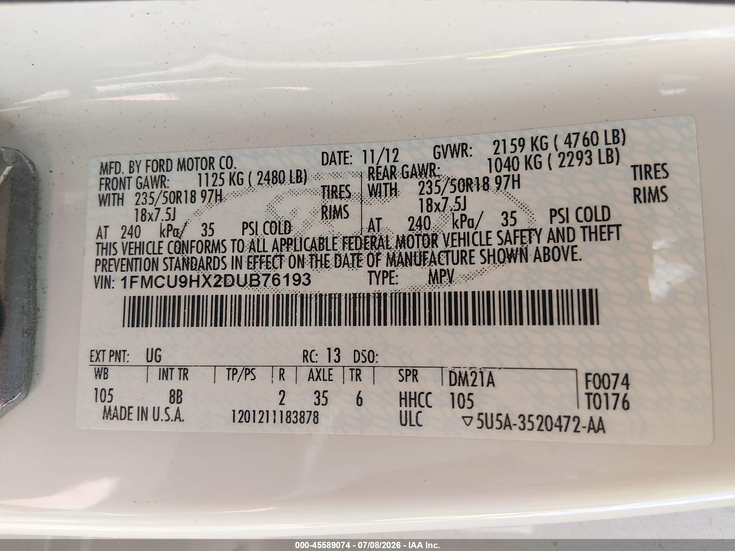 2013 Ford Escape Sel White vin: 1FMCU9HX2DUB76193