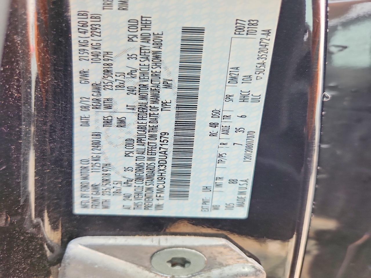 2013 Ford Escape Sel Charcoal vin: 1FMCU9HX3DUA71579