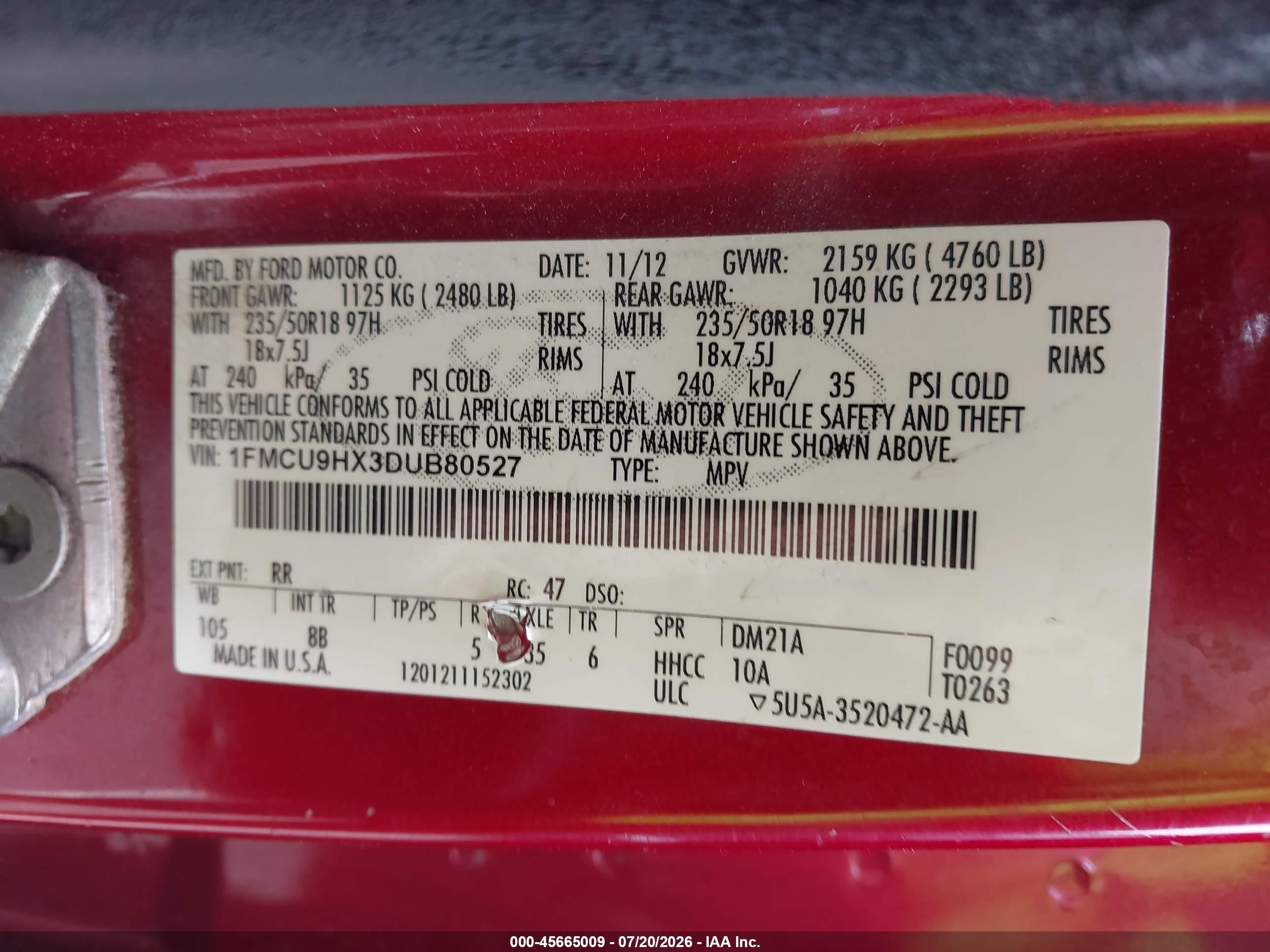 2013 Ford Escape Sel Red vin: 1FMCU9HX3DUB80527