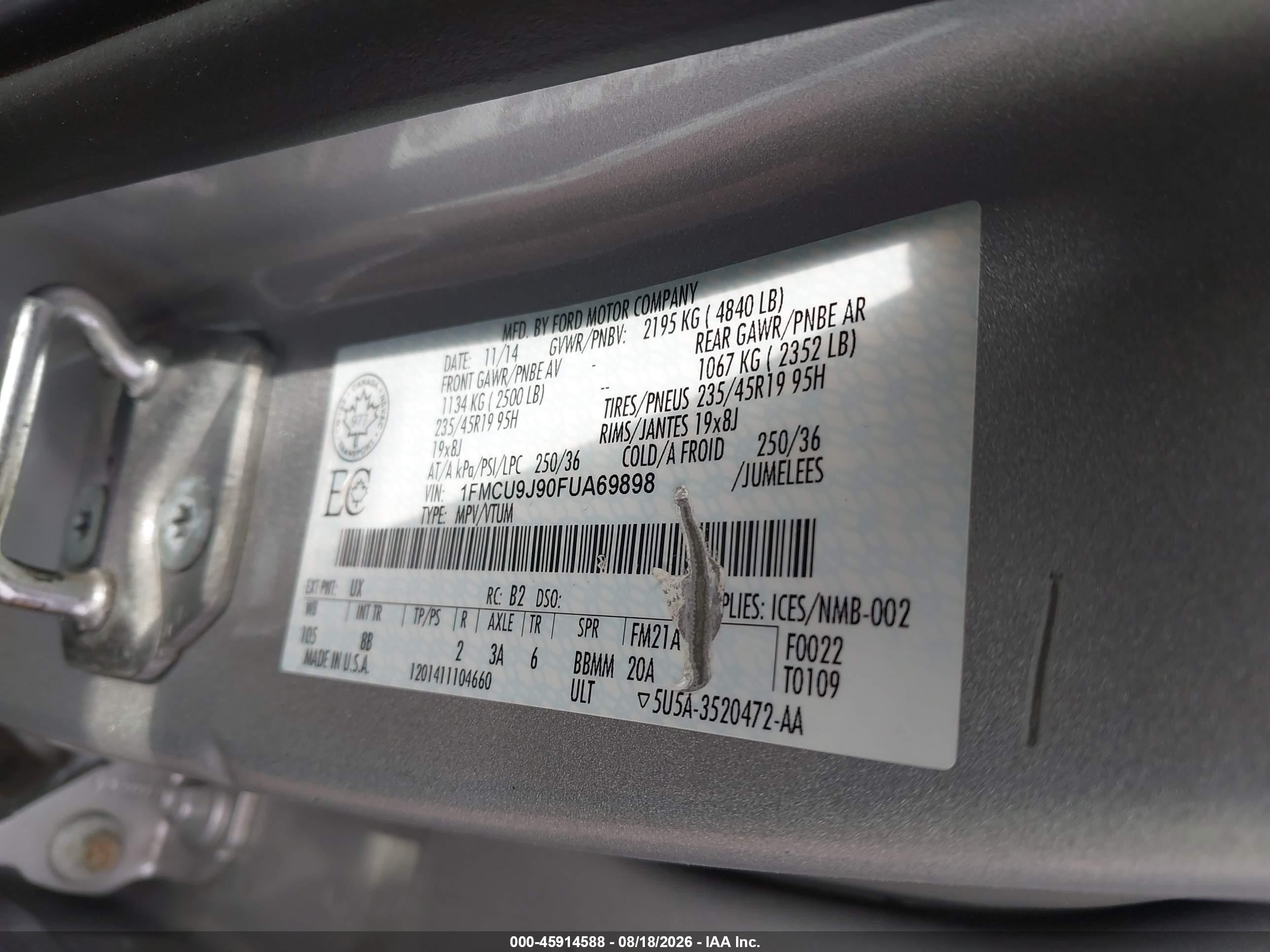 2015 Ford Escape Titanium Silver vin: 1FMCU9J90FUA69898