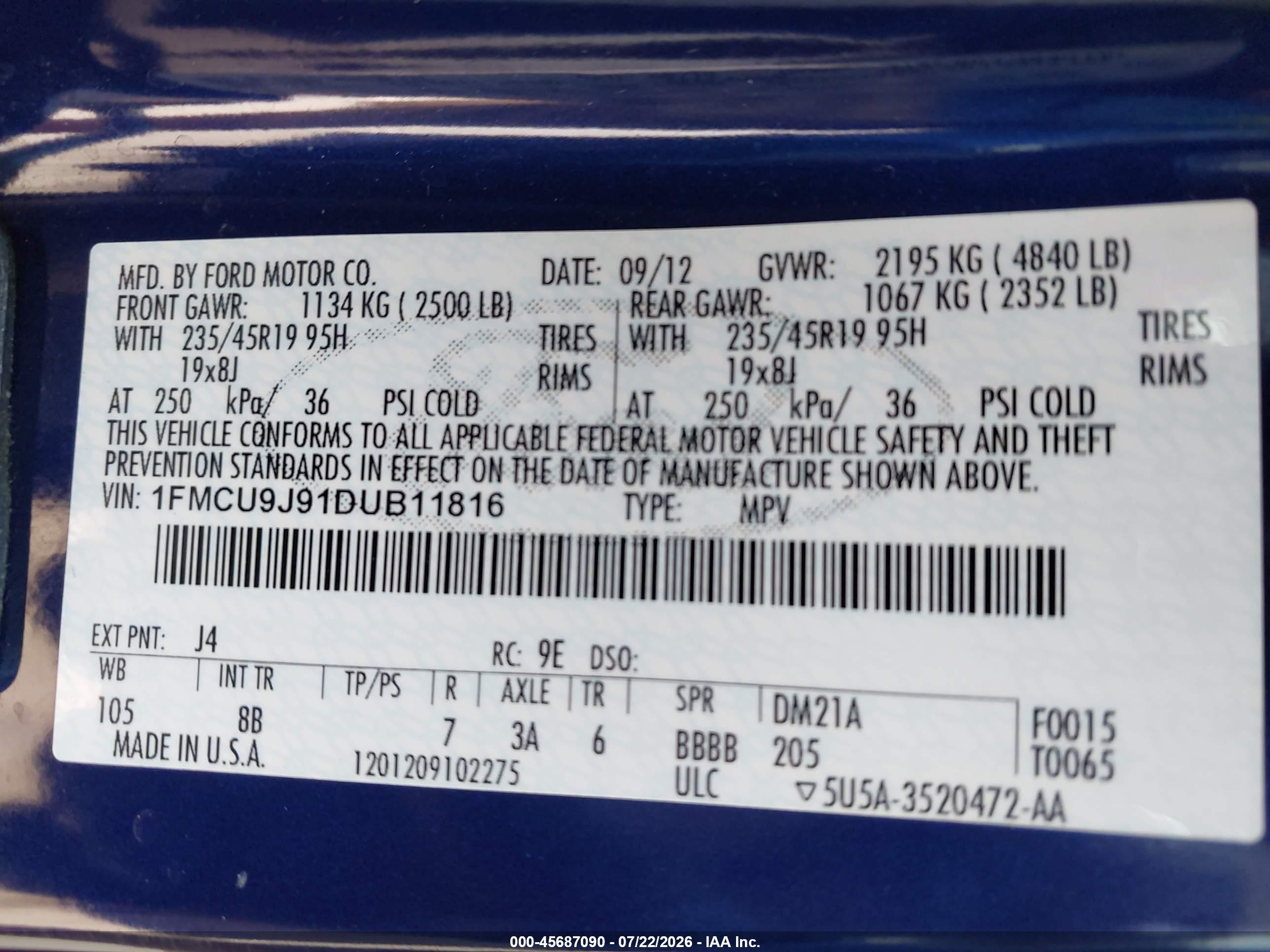 2013 Ford Escape Titanium Blue vin: 1FMCU9J91DUB11816