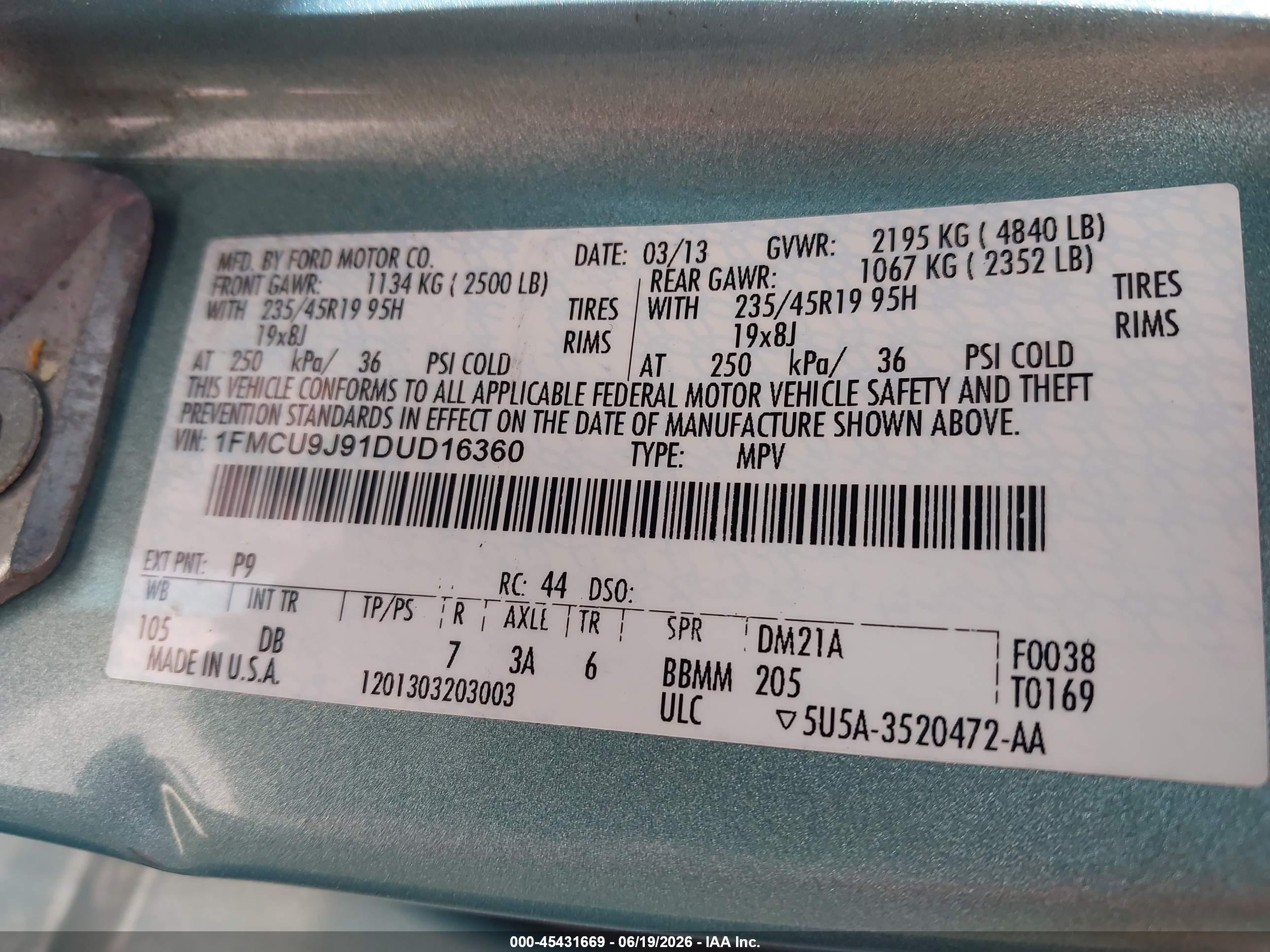 2013 Ford Escape Titanium Blue vin: 1FMCU9J91DUD16360