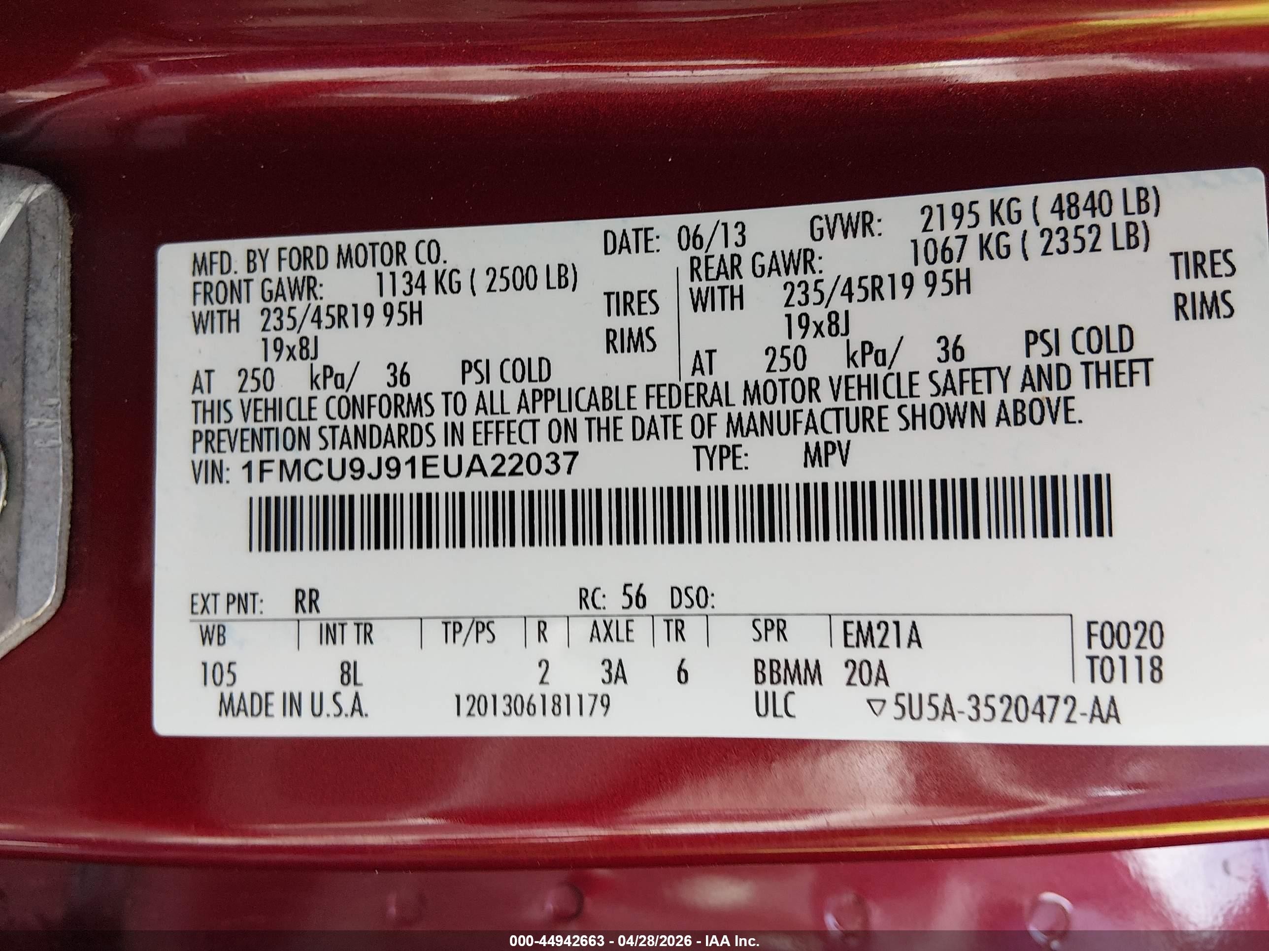 2014 Ford Escape Titanium Burgundy vin: 1FMCU9J91EUA22037