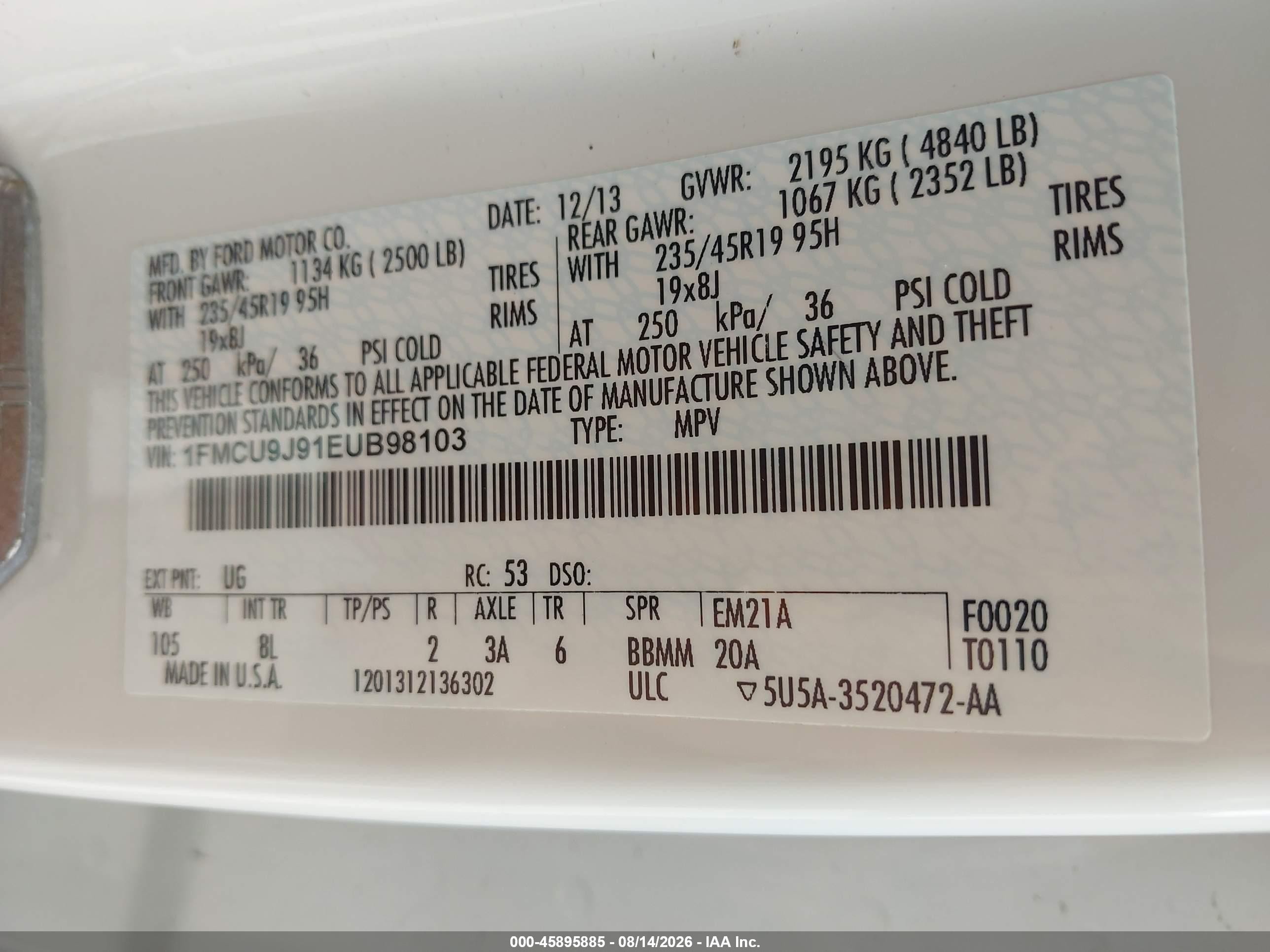 2014 Ford Escape Titanium White vin: 1FMCU9J91EUB98103