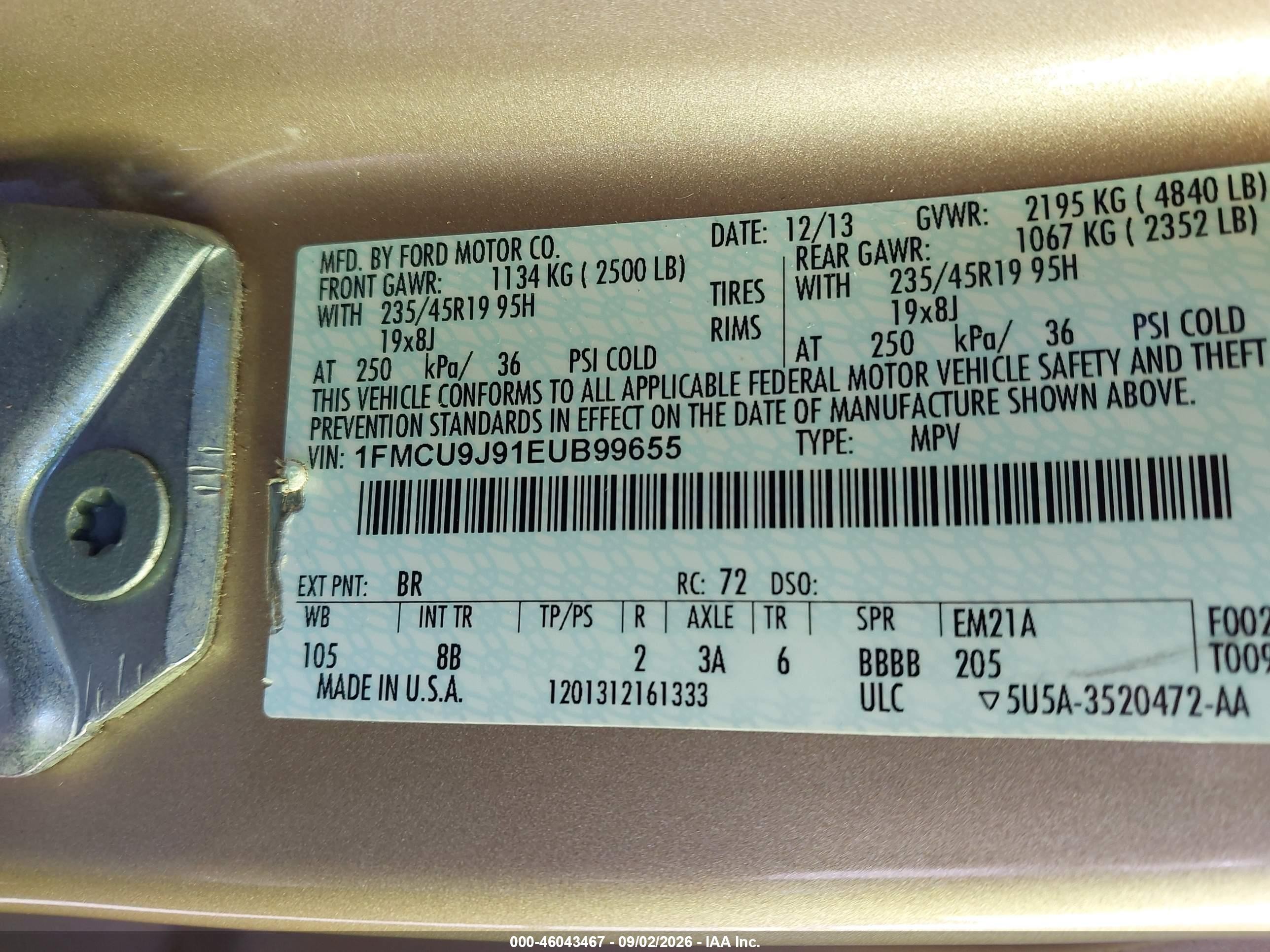 2014 Ford Escape Titanium Gold vin: 1FMCU9J91EUB99655
