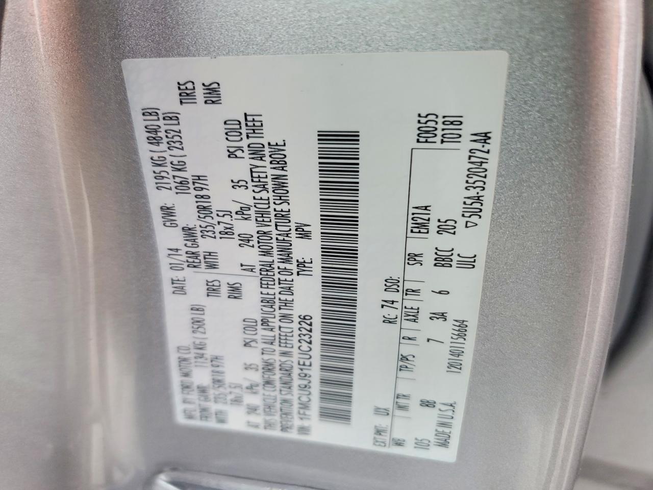 2014 Ford Escape Silver vin: 1FMCU9J91EUC23226