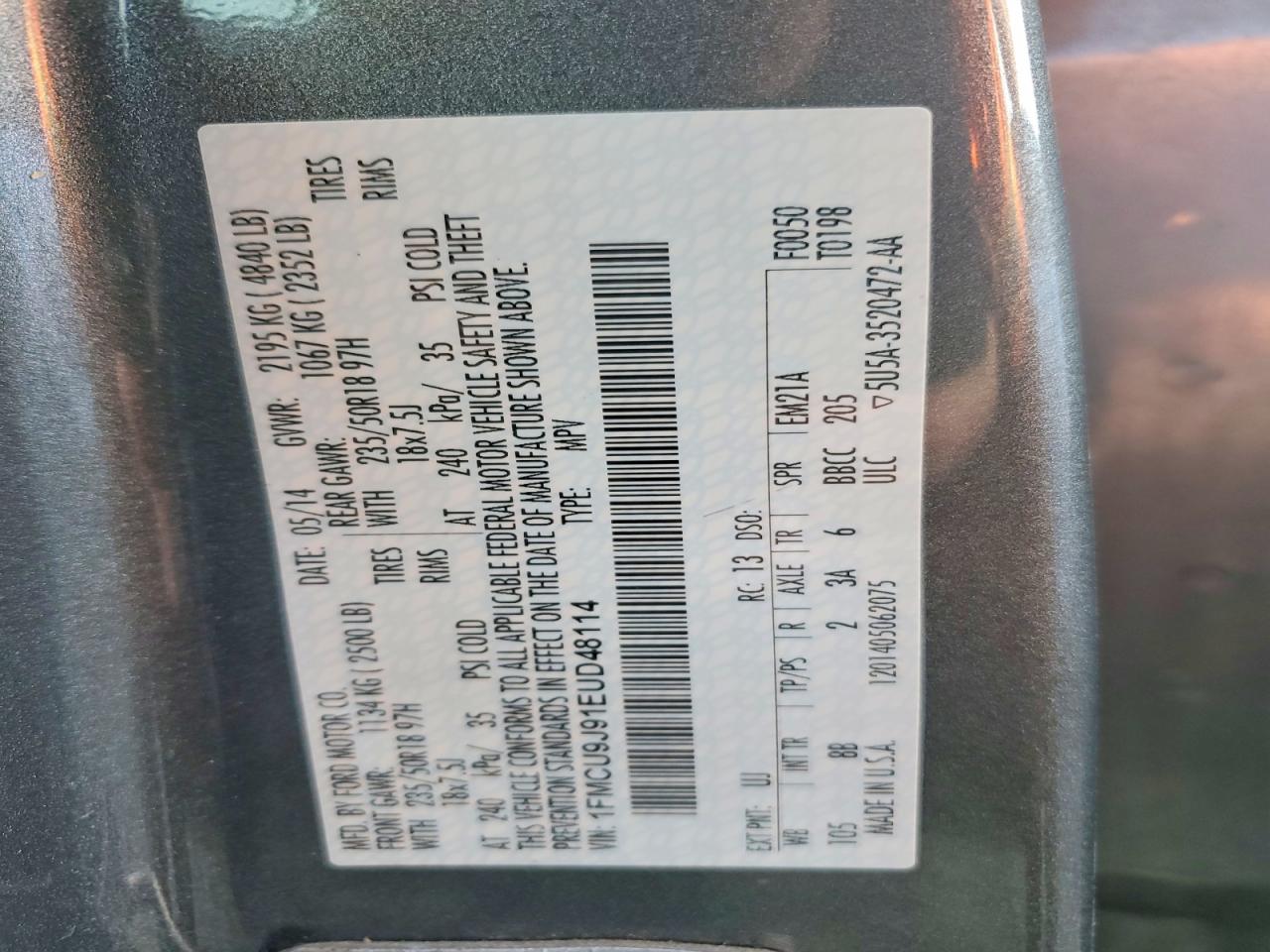 2014 Ford Escape Titanium Серый vin: 1FMCU9J91EUD48114