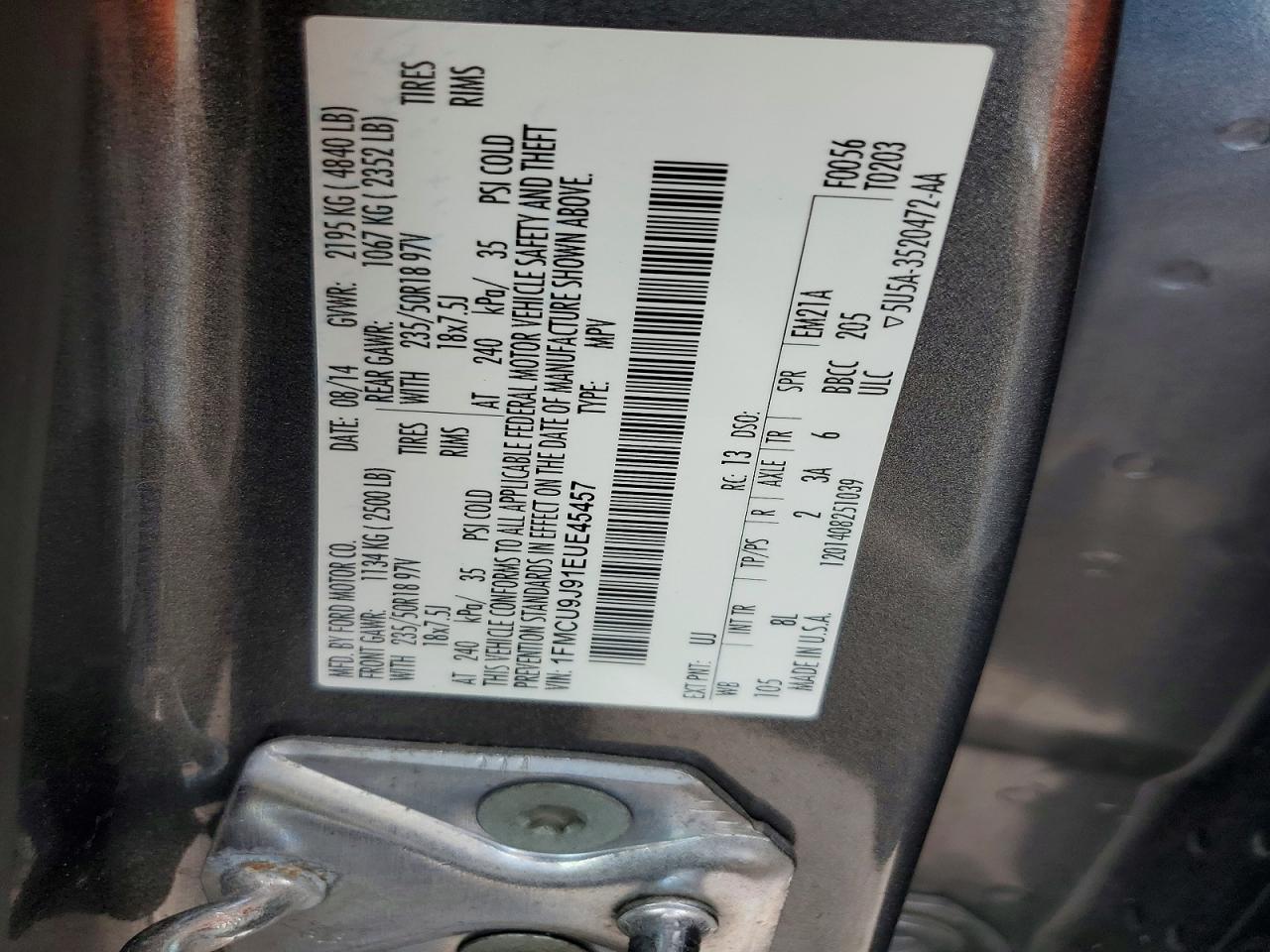2014 Ford Escape Titanium Серый vin: 1FMCU9J91EUE45457