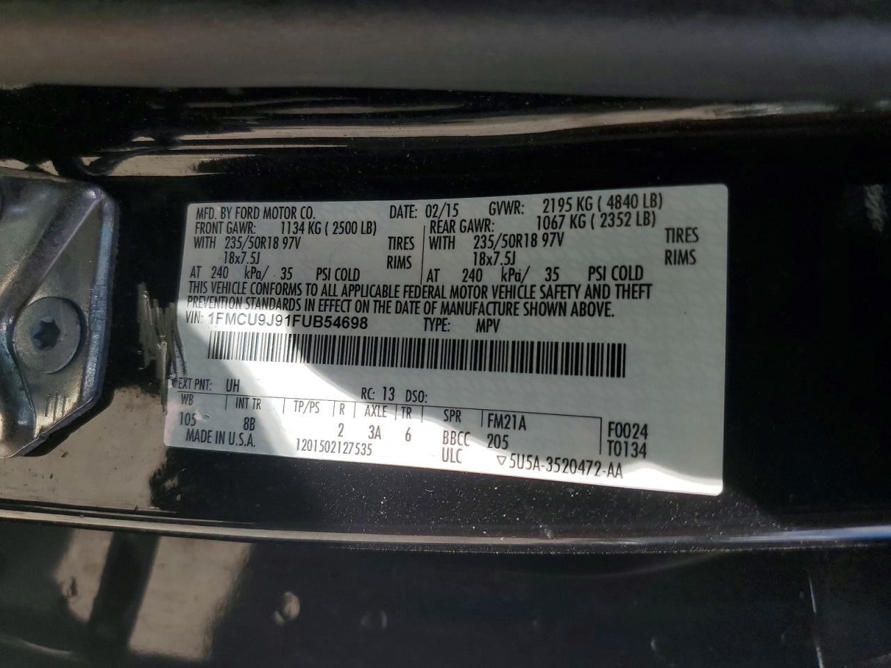 2015 Ford Escape Titanium Black vin: 1FMCU9J91FUB54698