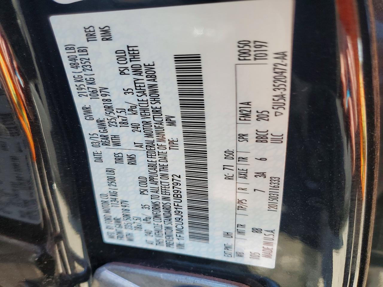 2015 Ford Escape Titanium Black vin: 1FMCU9J91FUB97972