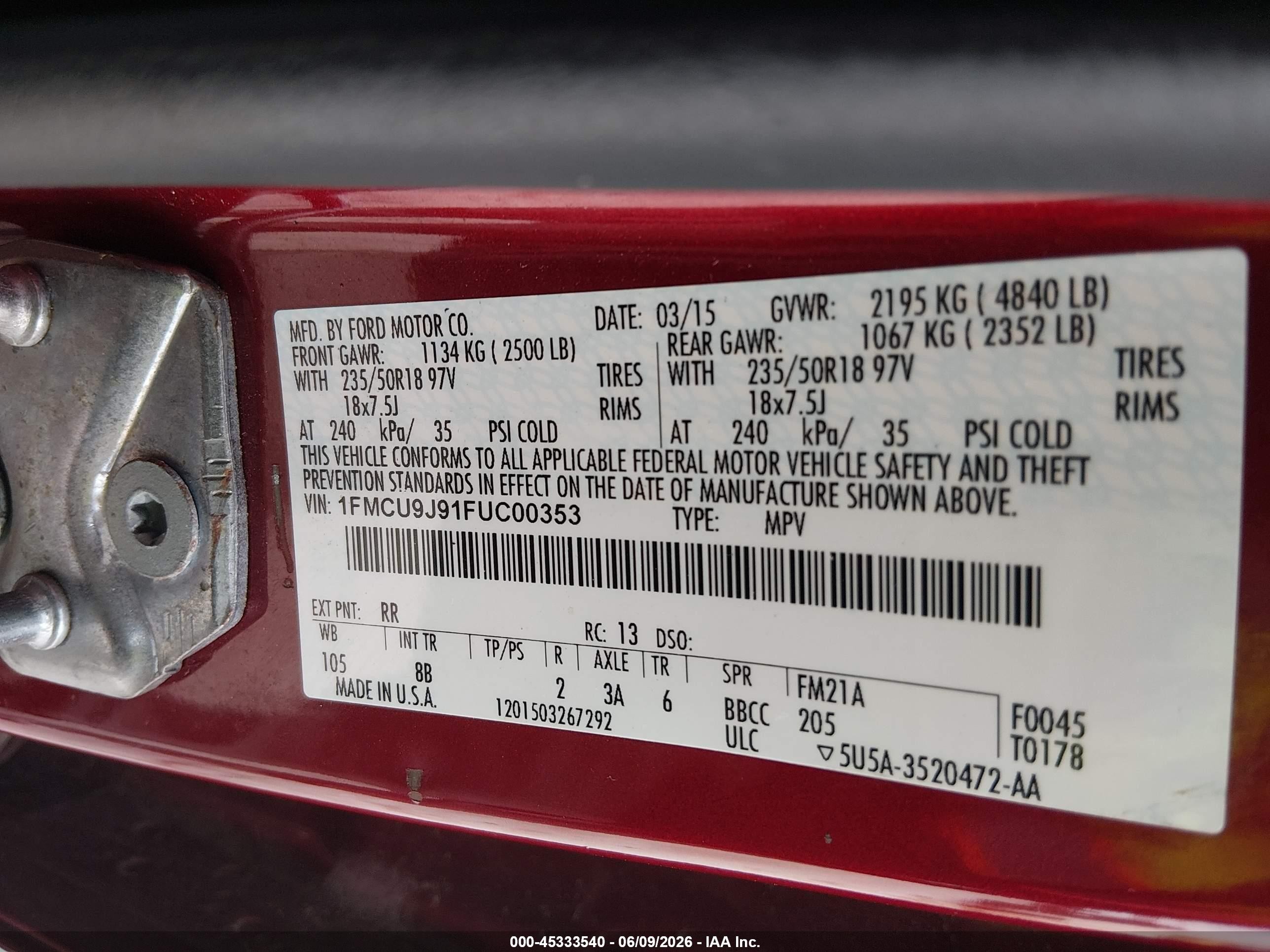 2015 Ford Escape Titanium Red vin: 1FMCU9J91FUC00353