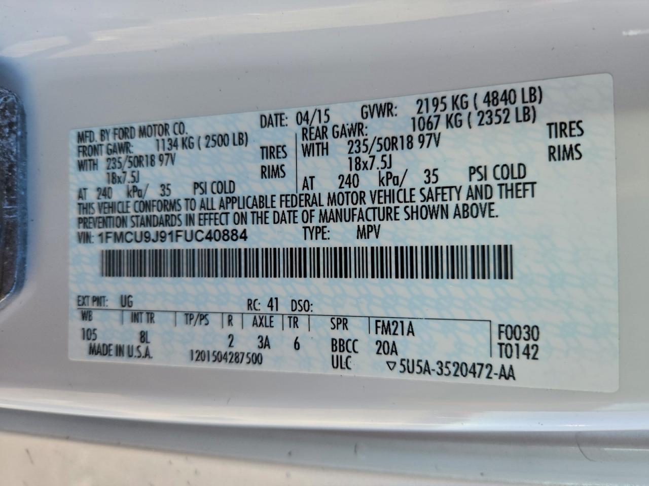 2015 Ford Escape Titanium White vin: 1FMCU9J91FUC40884