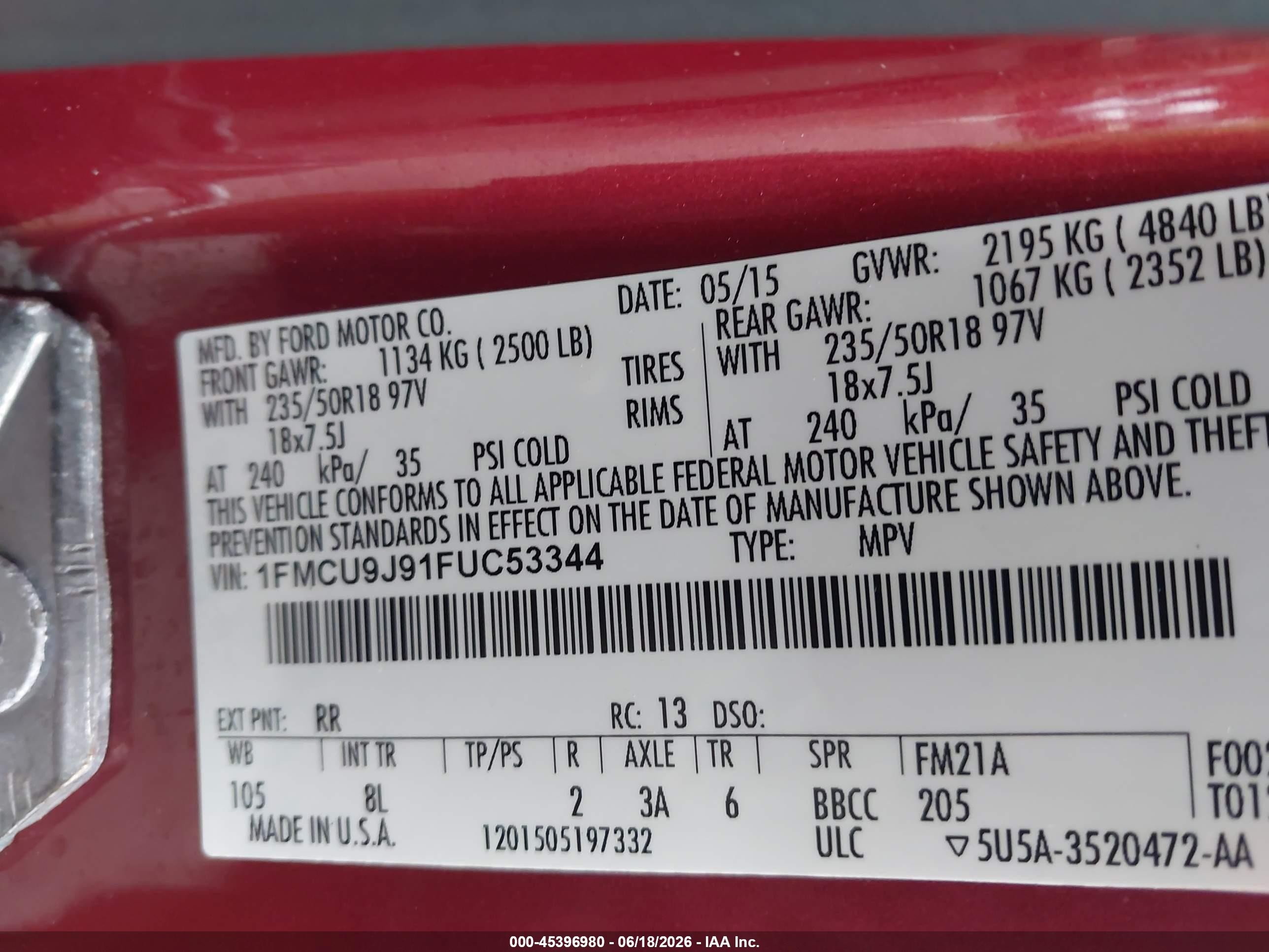 2015 Ford Escape Titanium Red vin: 1FMCU9J91FUC53344