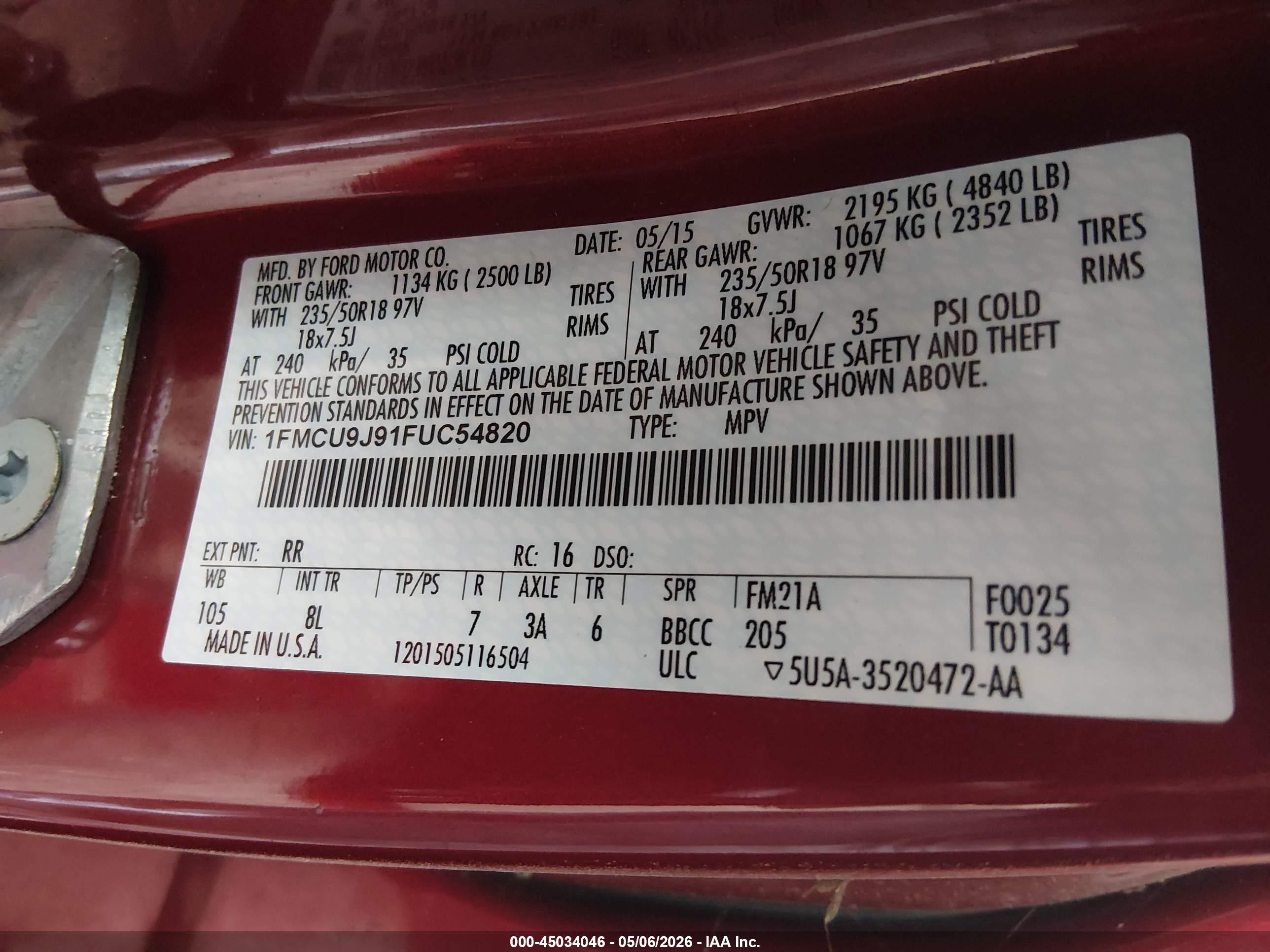 2015 Ford Escape Titanium Красный vin: 1FMCU9J91FUC54820