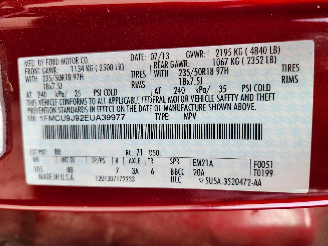 2014 Ford Escape Titanium Red vin: 1FMCU9J92EUA39977